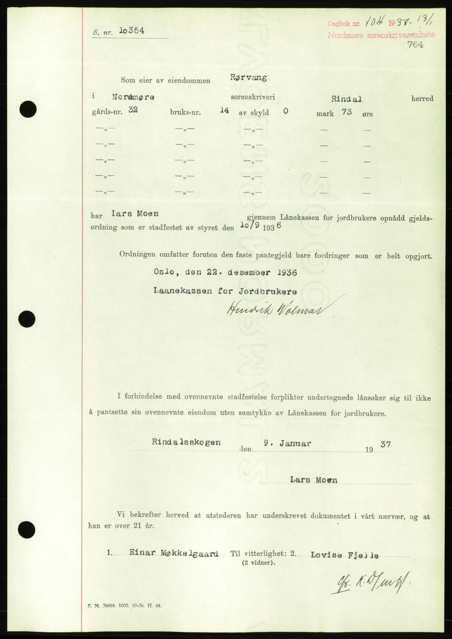 Nordmøre sorenskriveri, AV/SAT-A-4132/1/2/2Ca/L0090: Mortgage book no. B80, 1936-1937, Diary no: : 104/1937