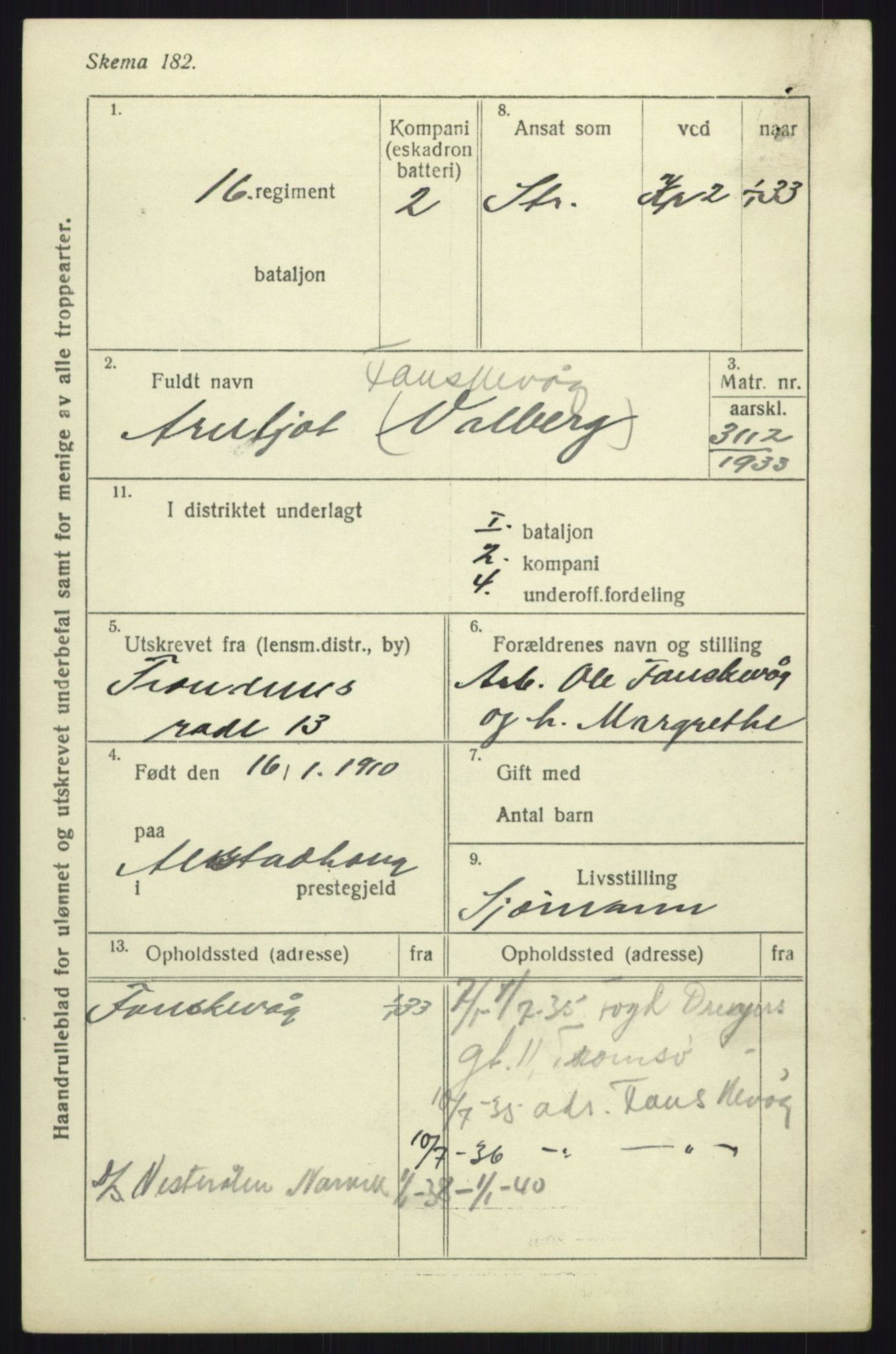 Forsvaret, Troms infanteriregiment nr. 16, AV/RA-RAFA-3146/P/Pa/L0017: Rulleblad for regimentets menige mannskaper, årsklasse 1933, 1933, p. 1335