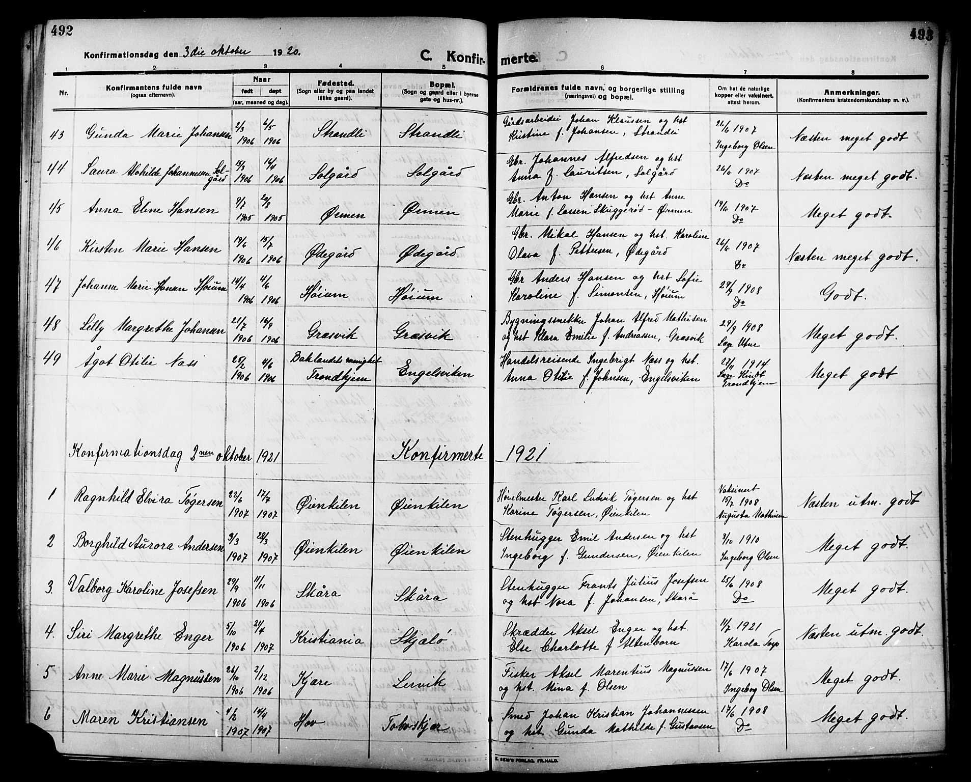 Onsøy prestekontor Kirkebøker, AV/SAO-A-10914/G/Ga/L0003: Parish register (copy) no. I 3, 1910-1926, p. 492-493