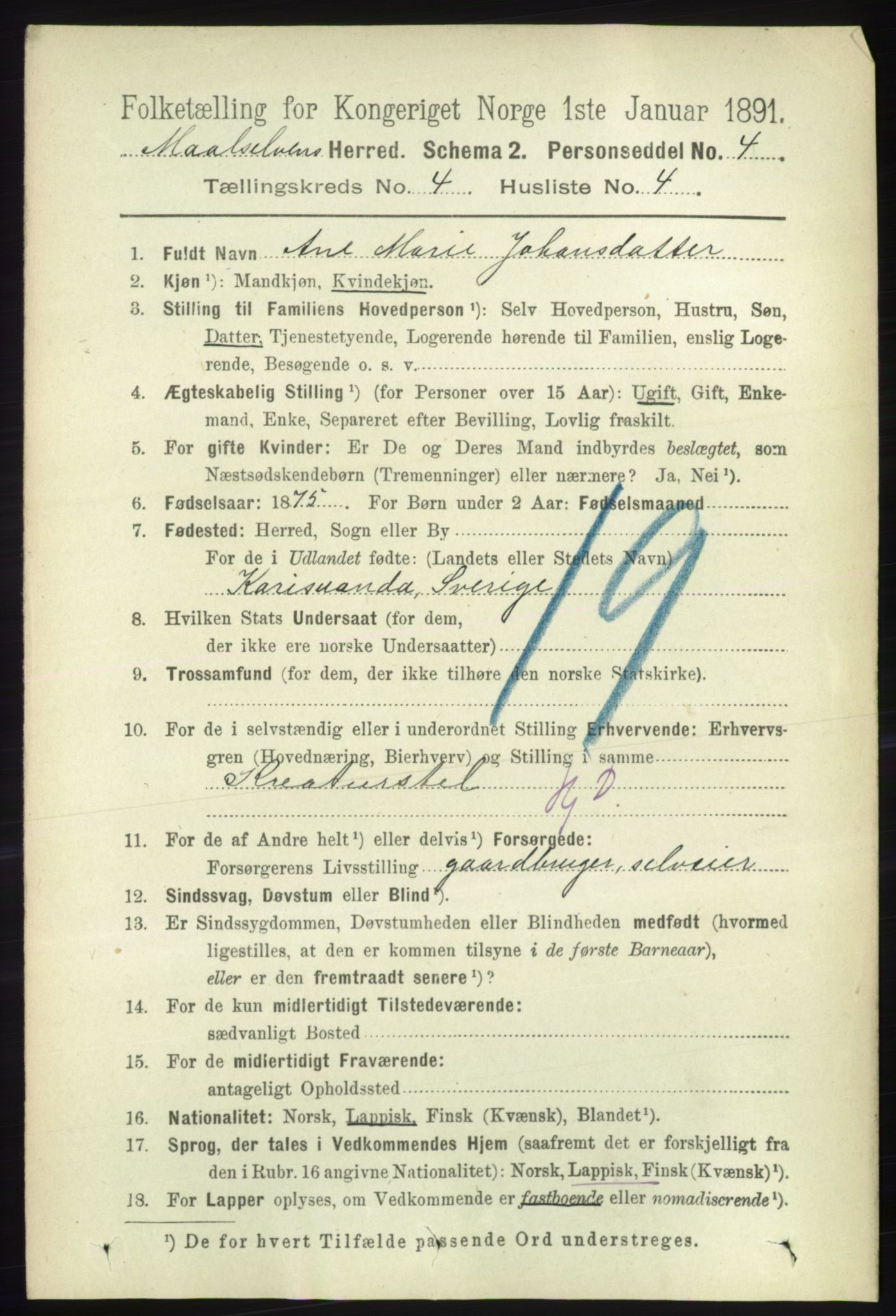 RA, 1891 census for 1924 Målselv, 1891, p. 1106