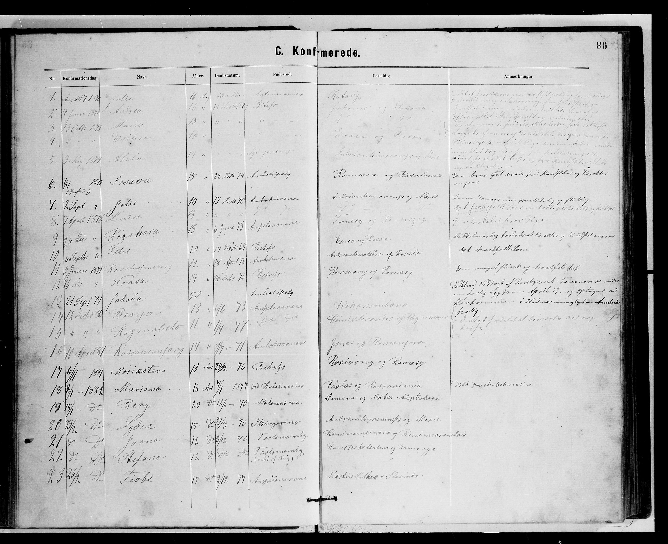 Archives FLM/NMS, Madagaskar, VID/MA-A-1163/D/Db/L0269: Parish register (official) no. 1, 1867-1884, p. 86