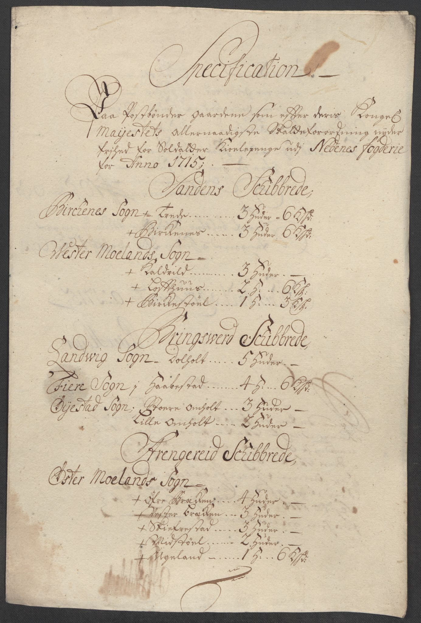 Rentekammeret inntil 1814, Reviderte regnskaper, Fogderegnskap, AV/RA-EA-4092/R39/L2323: Fogderegnskap Nedenes, 1715, p. 291