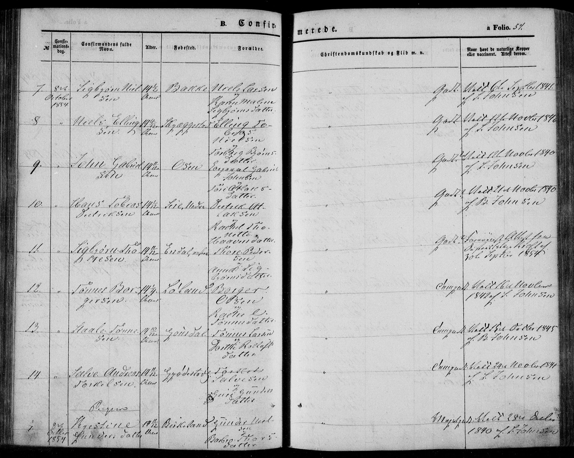 Bakke sokneprestkontor, AV/SAK-1111-0002/F/Fa/Faa/L0005: Parish register (official) no. A 5, 1847-1855, p. 57