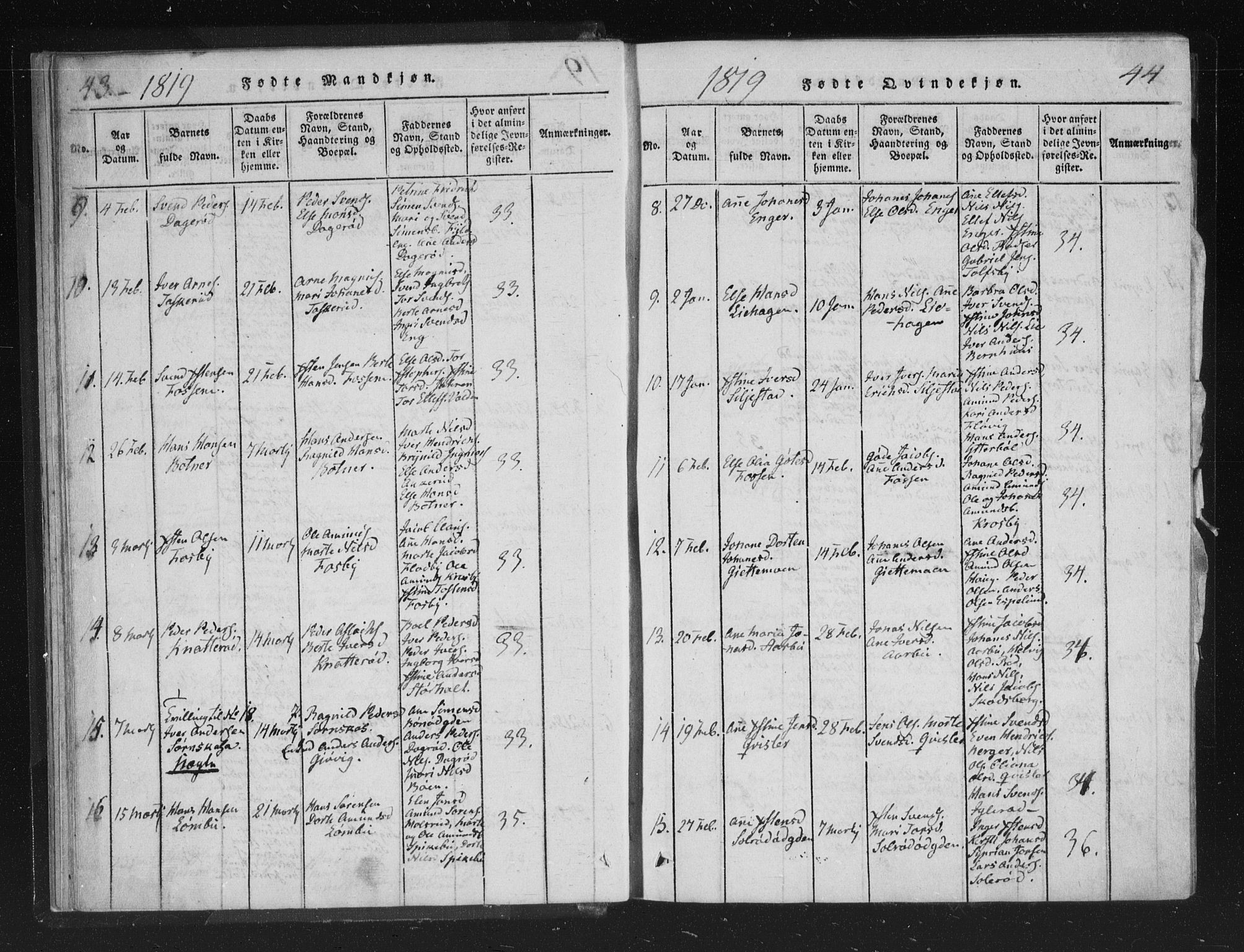 Aremark prestekontor Kirkebøker, SAO/A-10899/F/Fc/L0001: Parish register (official) no. III 1, 1814-1834, p. 43-44
