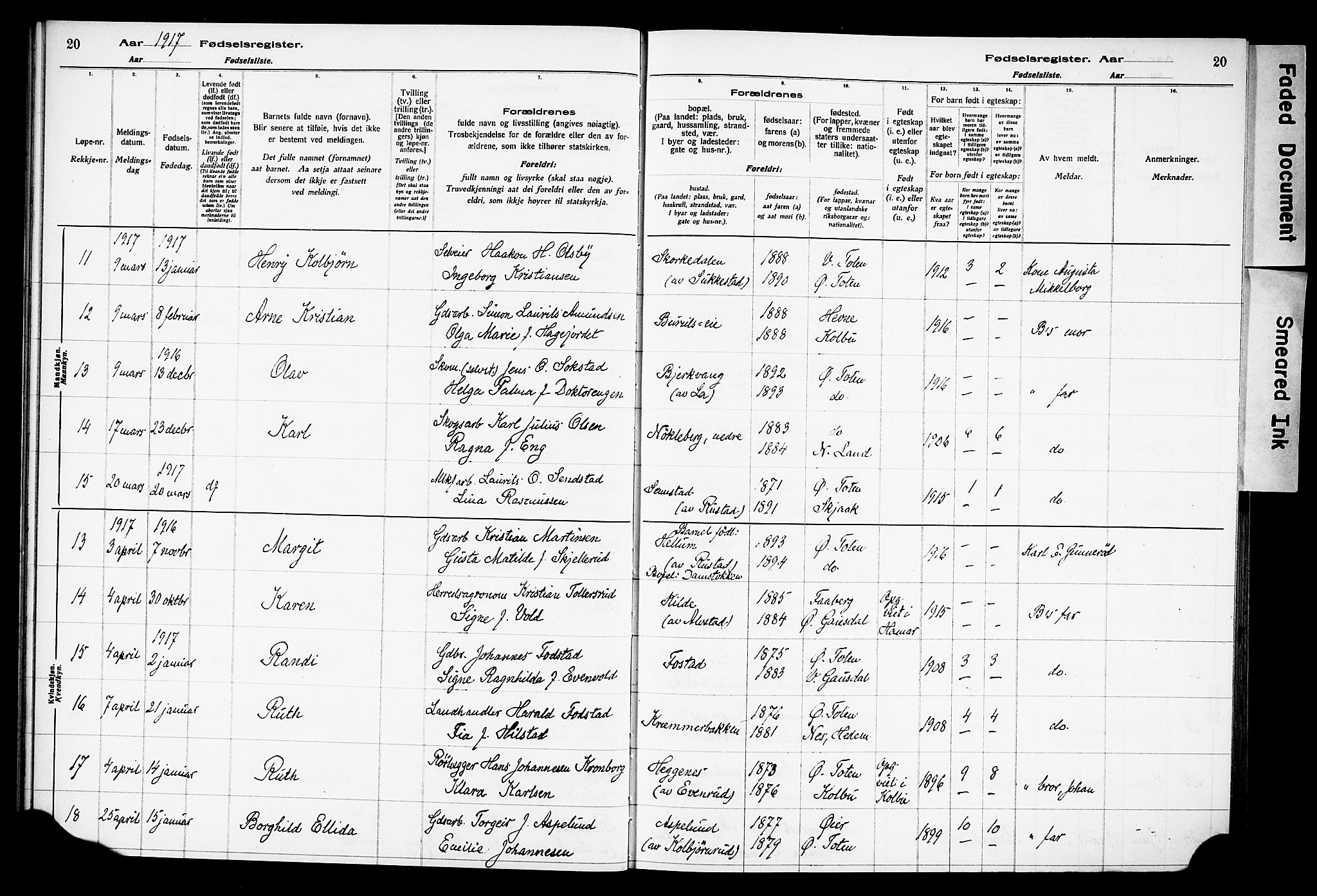 Østre Toten prestekontor, AV/SAH-PREST-104/I/Id/L0001/0001: Birth register no. 1.1, 1916-1928, p. 20