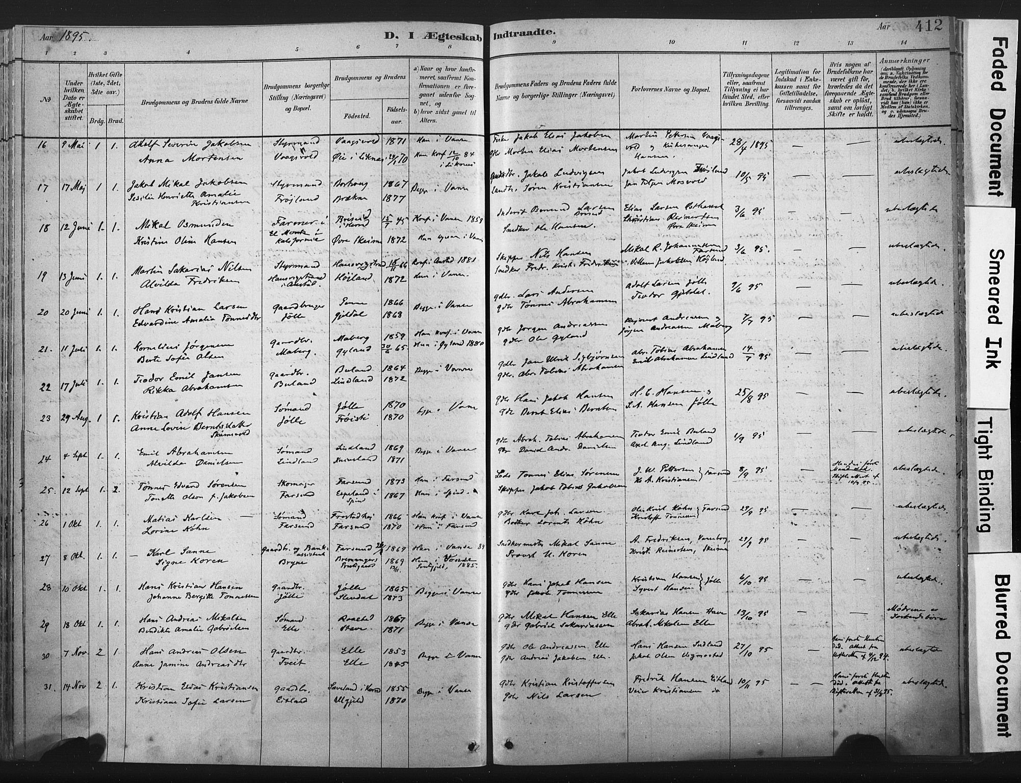 Lista sokneprestkontor, AV/SAK-1111-0027/F/Fa/L0012: Parish register (official) no. A 12, 1879-1903, p. 412