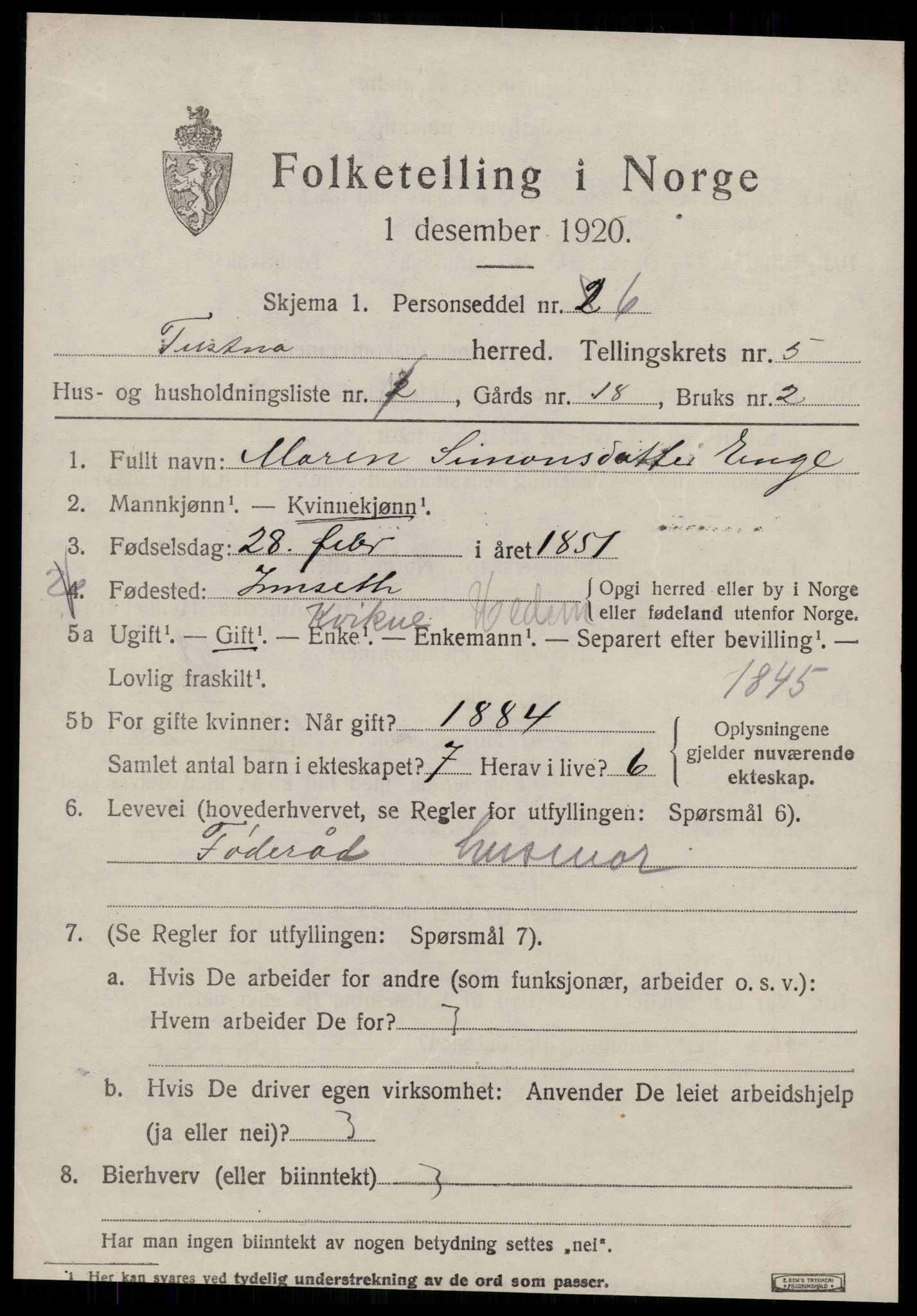 SAT, 1920 census for Tustna, 1920, p. 2385