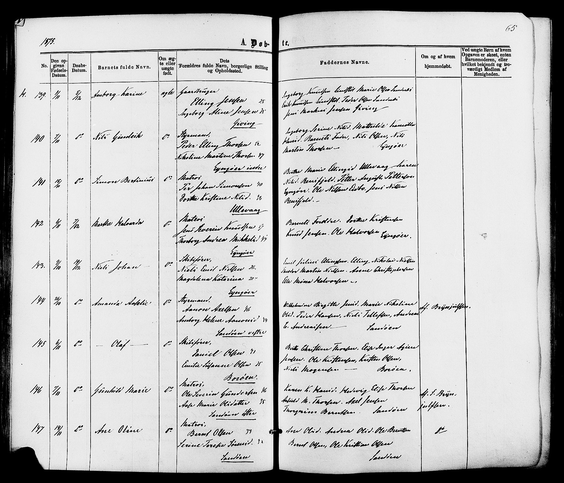 Dypvåg sokneprestkontor, AV/SAK-1111-0007/F/Fa/Faa/L0007: Parish register (official) no. A 7/ 1, 1872-1884, p. 65