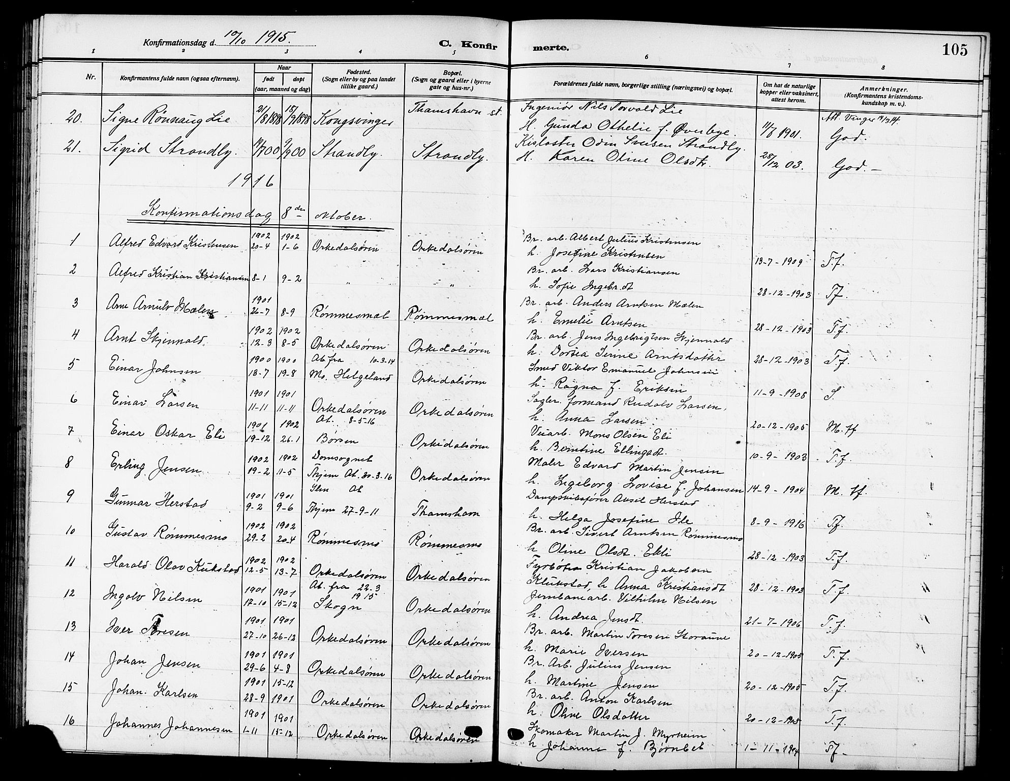 Ministerialprotokoller, klokkerbøker og fødselsregistre - Sør-Trøndelag, SAT/A-1456/669/L0831: Parish register (copy) no. 669C01, 1909-1924, p. 105