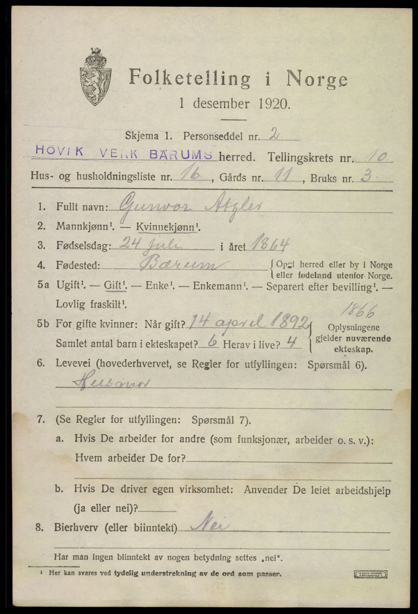 SAO, 1920 census for Bærum, 1920, p. 23376