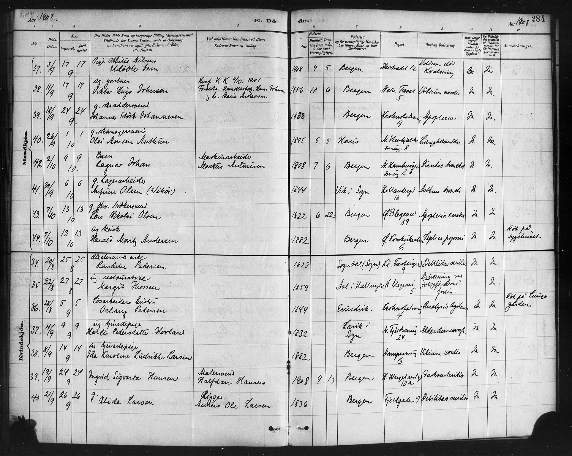 Korskirken sokneprestembete, AV/SAB-A-76101/H/Haa/L0047: Parish register (official) no. E 5, 1884-1910, p. 284