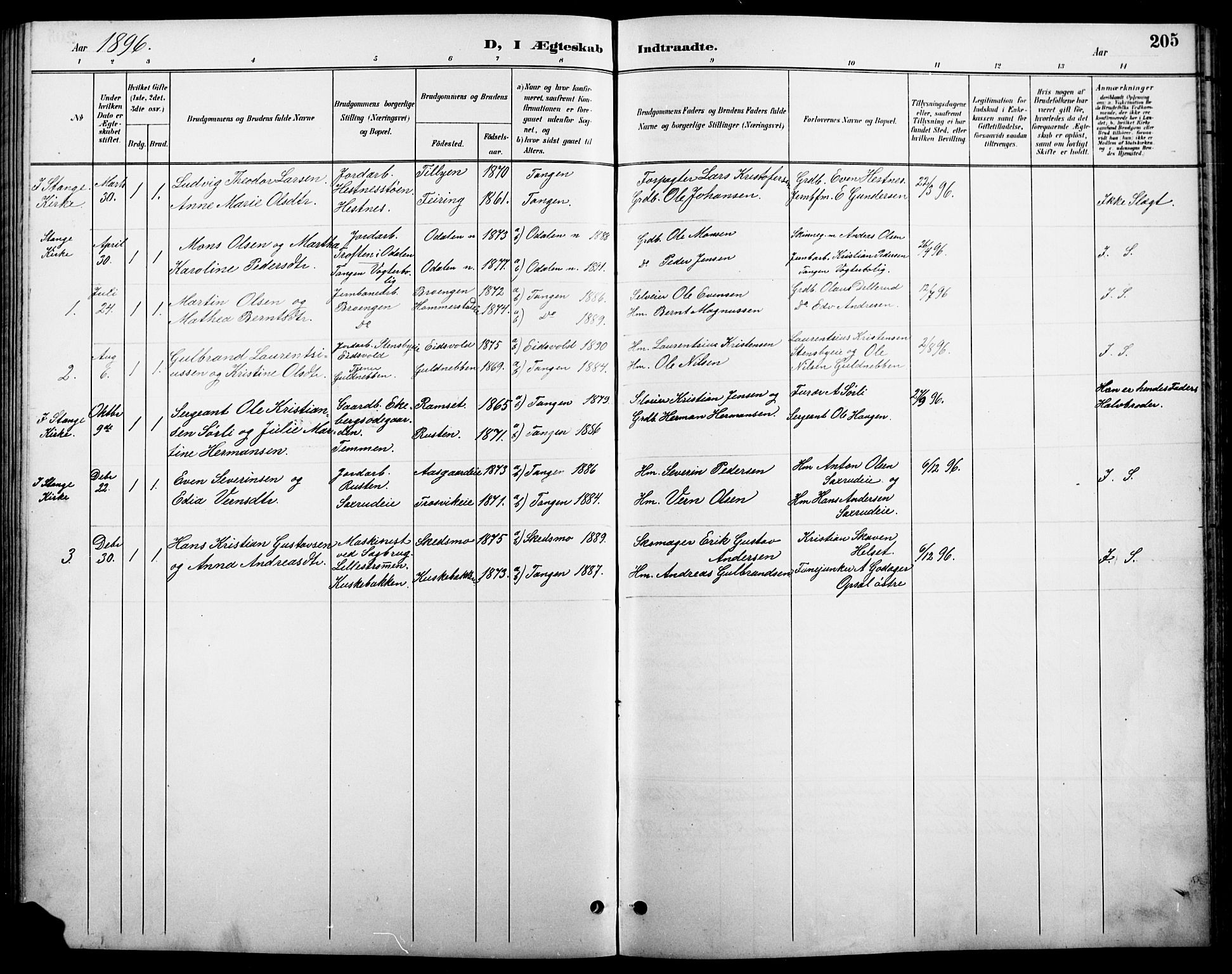 Stange prestekontor, SAH/PREST-002/L/L0011: Parish register (copy) no. 11, 1895-1917, p. 205