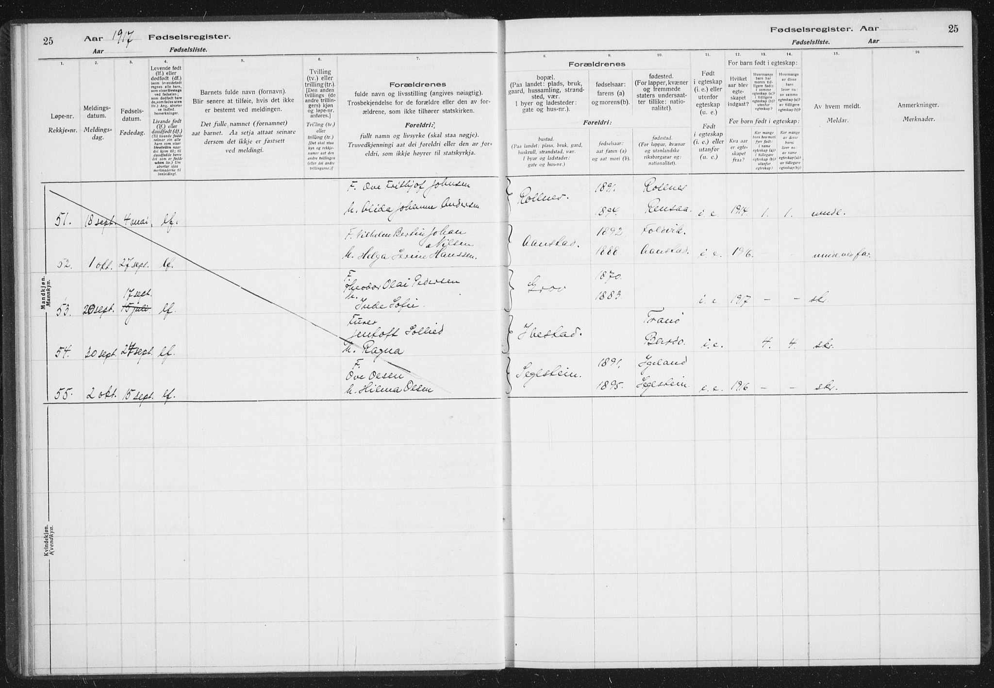 Ibestad sokneprestembete, AV/SATØ-S-0077/I/Ic/L0061: Birth register no. 61, 1917-1929, p. 25
