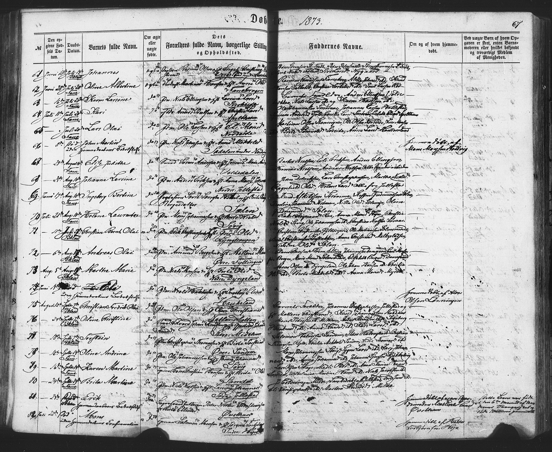 Fana Sokneprestembete, AV/SAB-A-75101/H/Haa/Haaa/L0012: Parish register (official) no. A 12, 1862-1878, p. 67