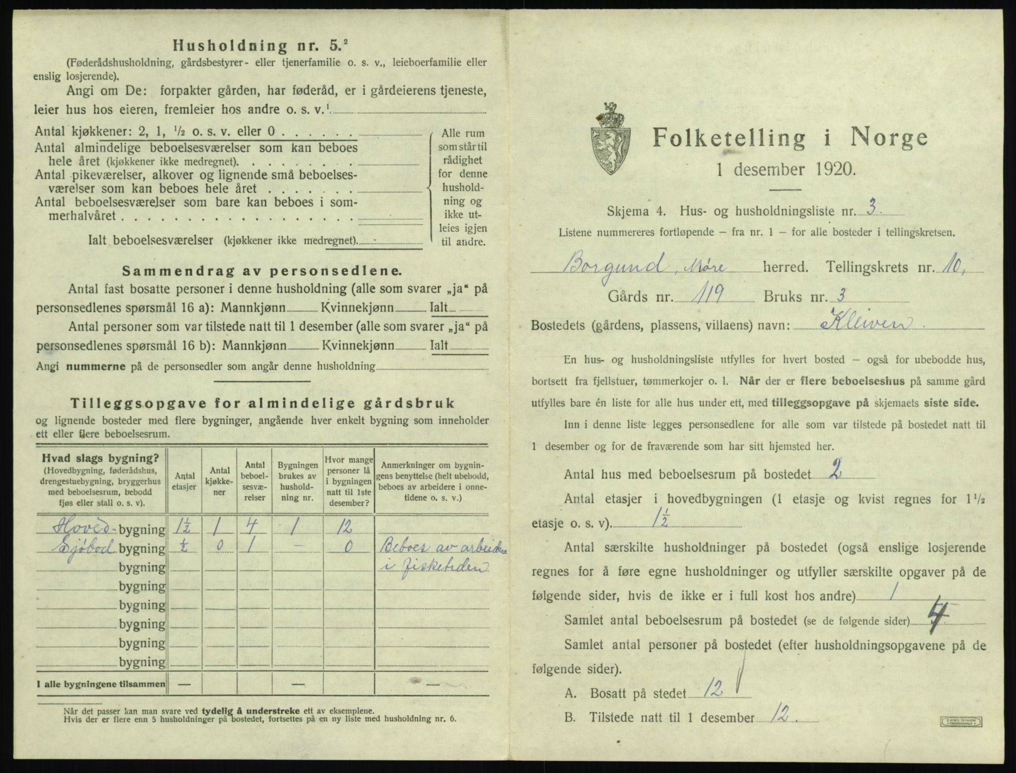 SAT, 1920 census for Borgund, 1920, p. 1054