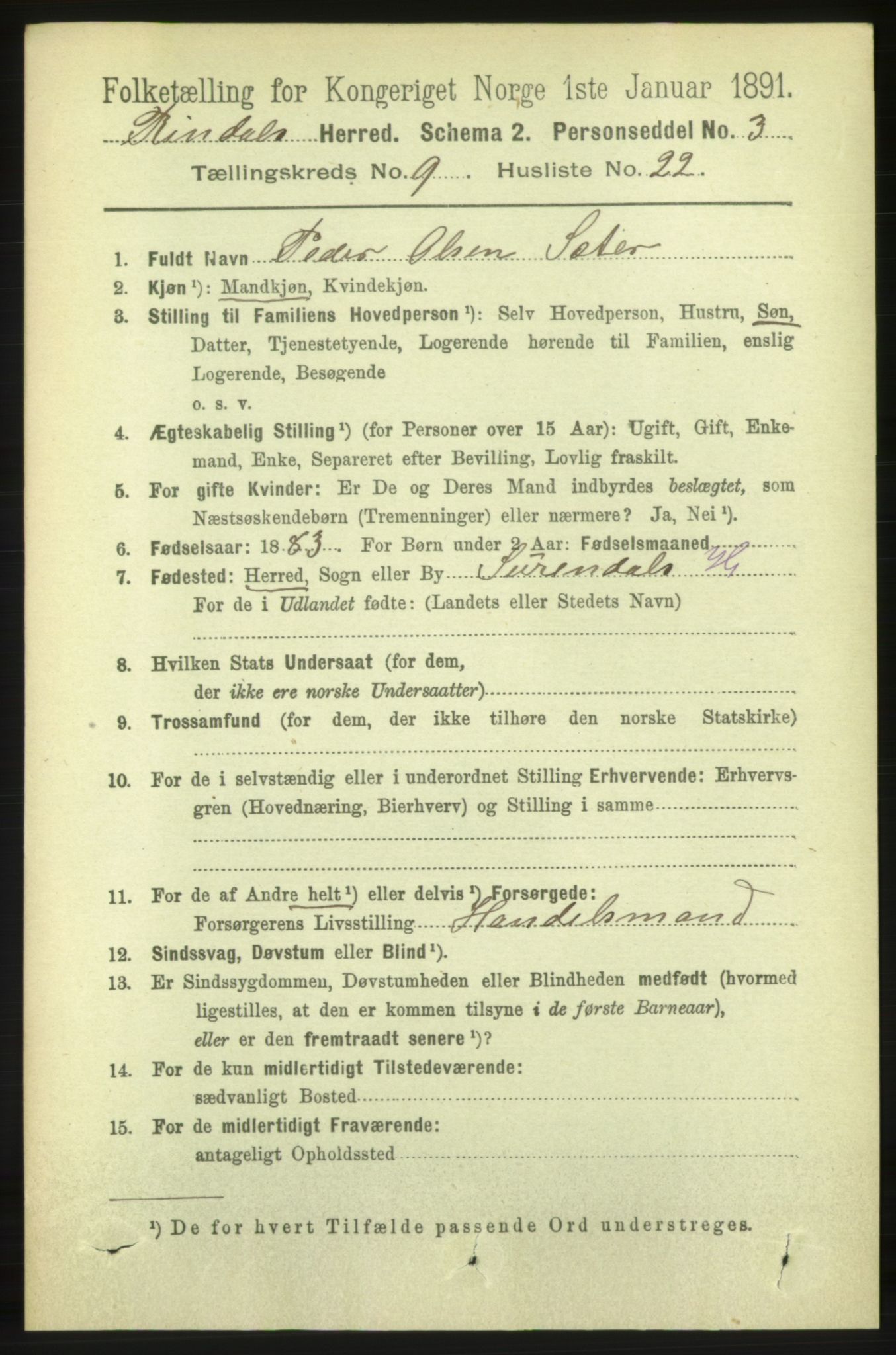 RA, 1891 census for 1567 Rindal, 1891, p. 3020