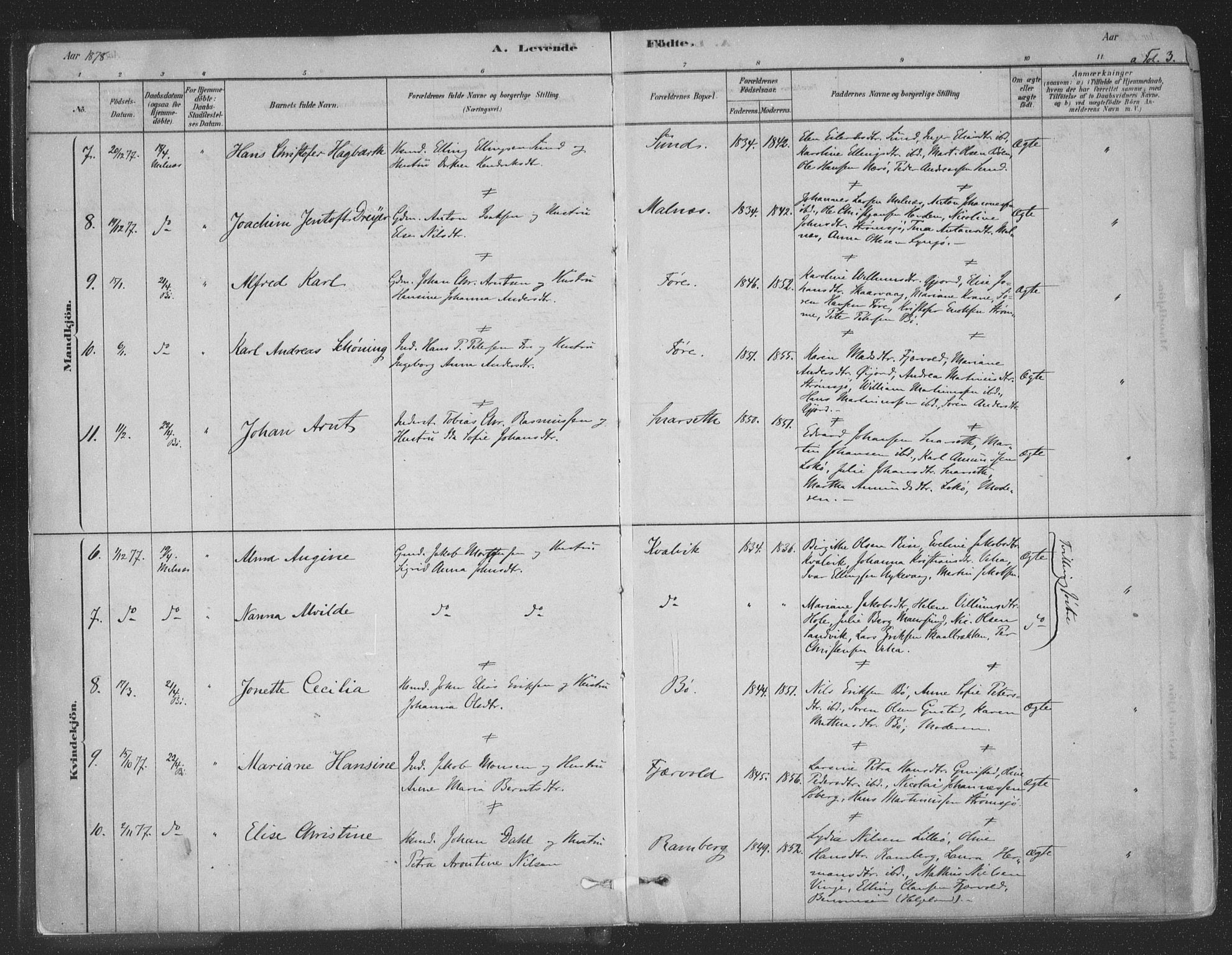 Ministerialprotokoller, klokkerbøker og fødselsregistre - Nordland, AV/SAT-A-1459/891/L1302: Parish register (official) no. 891A07, 1878-1895, p. 3