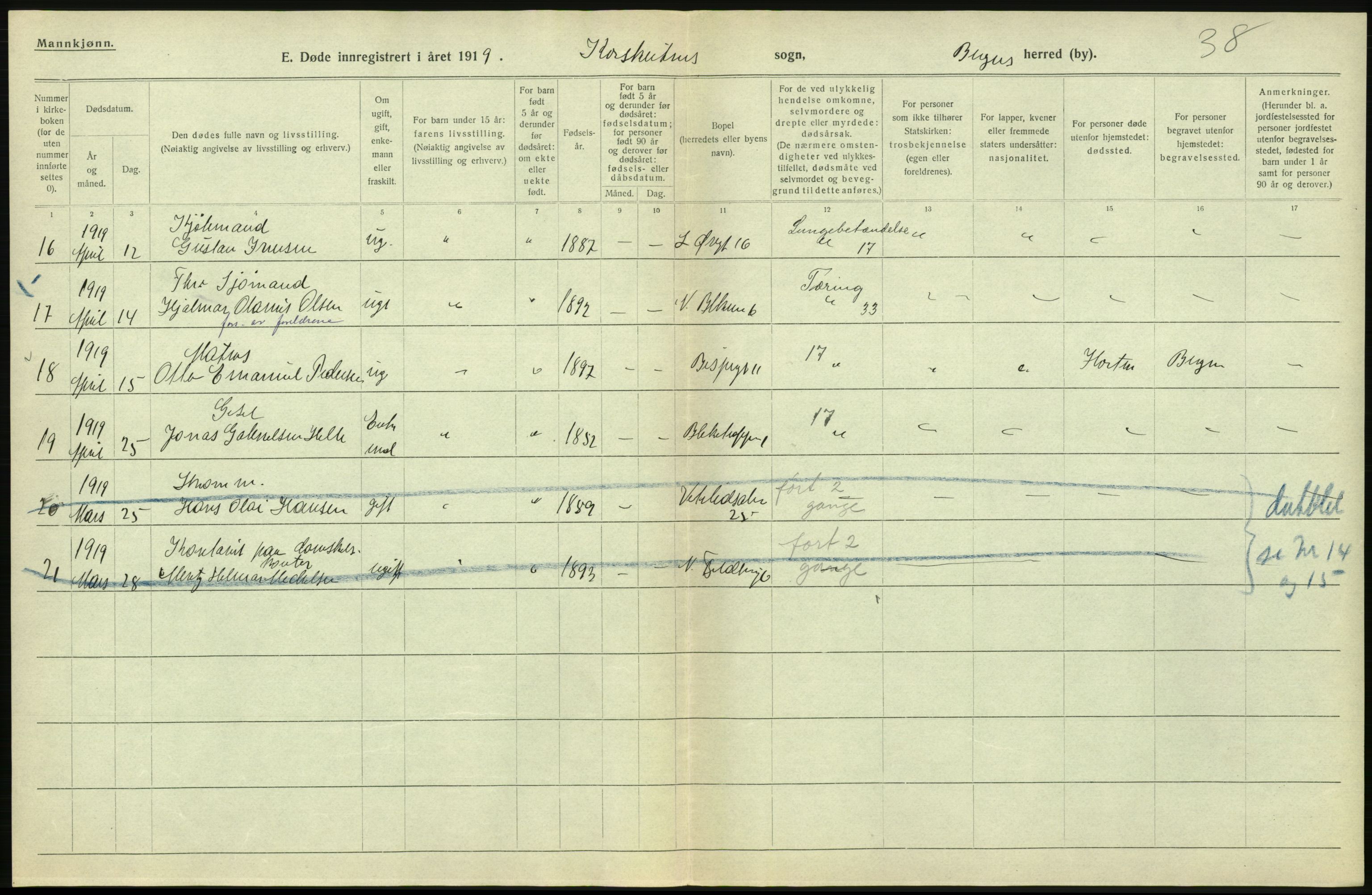 Statistisk sentralbyrå, Sosiodemografiske emner, Befolkning, AV/RA-S-2228/D/Df/Dfb/Dfbi/L0035: Bergen: Gifte, døde, dødfødte., 1919, p. 658