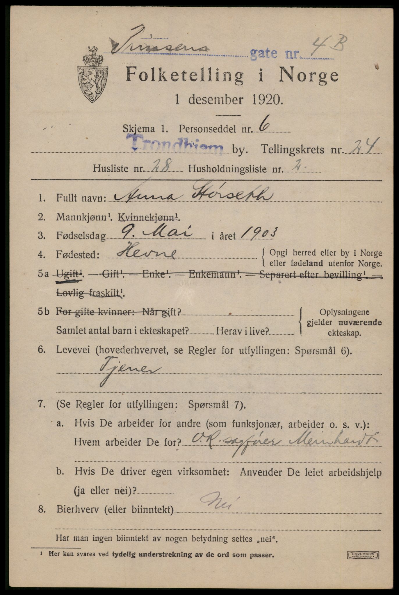 SAT, 1920 census for Trondheim, 1920, p. 66120