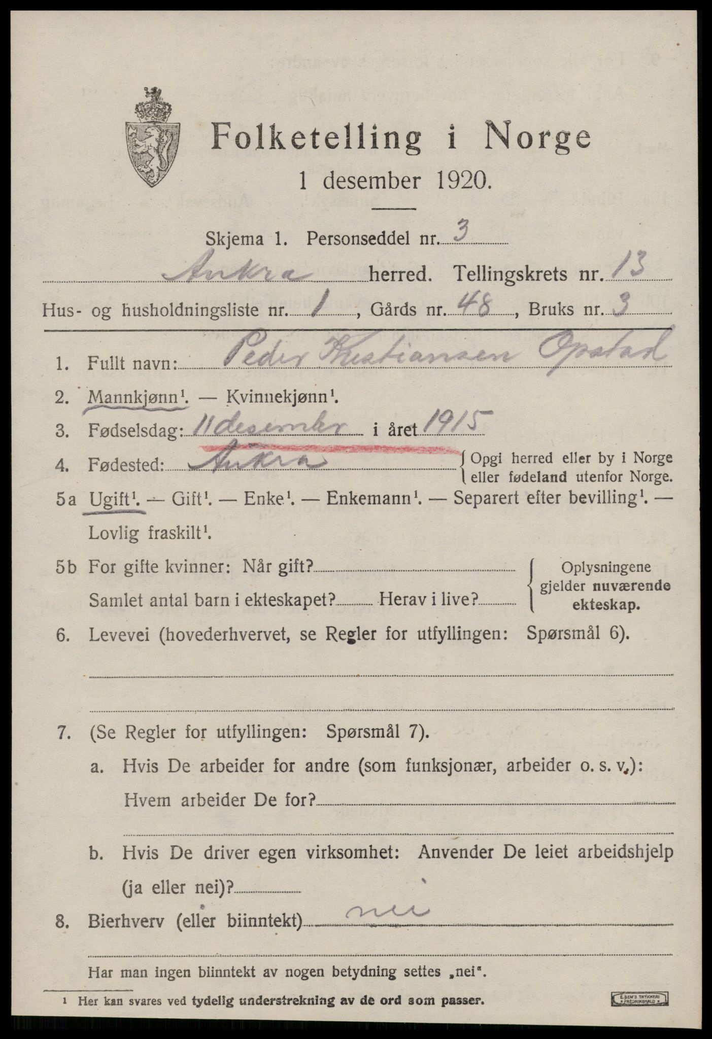 SAT, 1920 census for Aukra, 1920, p. 5481