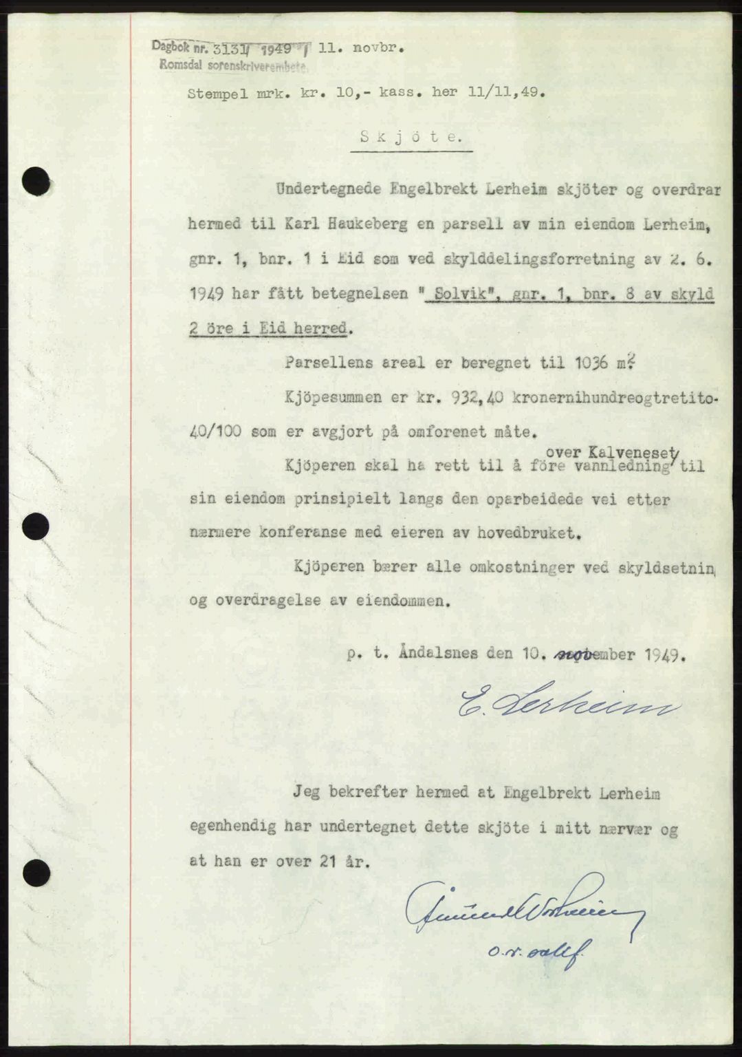 Romsdal sorenskriveri, AV/SAT-A-4149/1/2/2C: Mortgage book no. A31, 1949-1949, Diary no: : 3131/1949