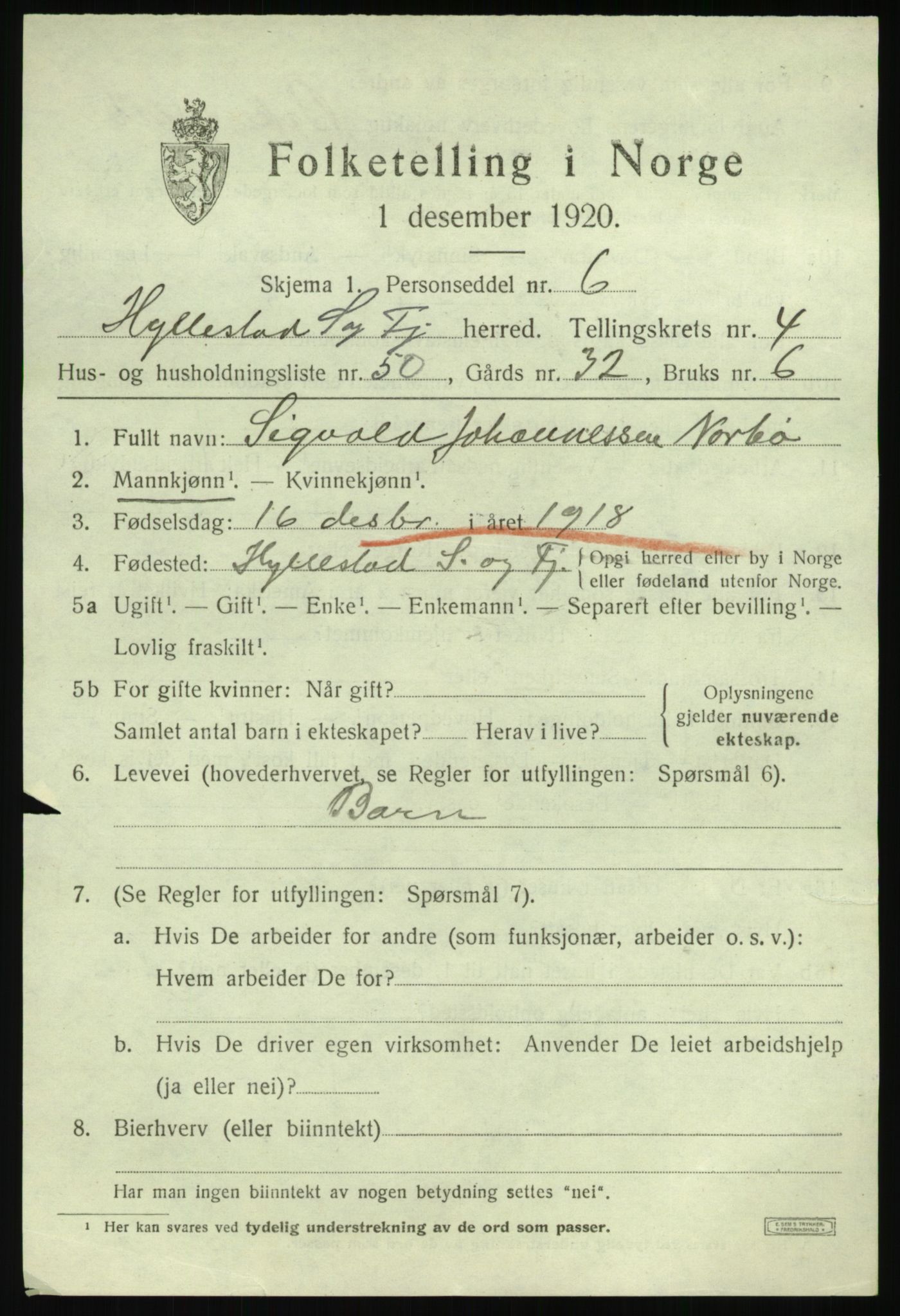 SAB, 1920 census for Hyllestad, 1920, p. 2356