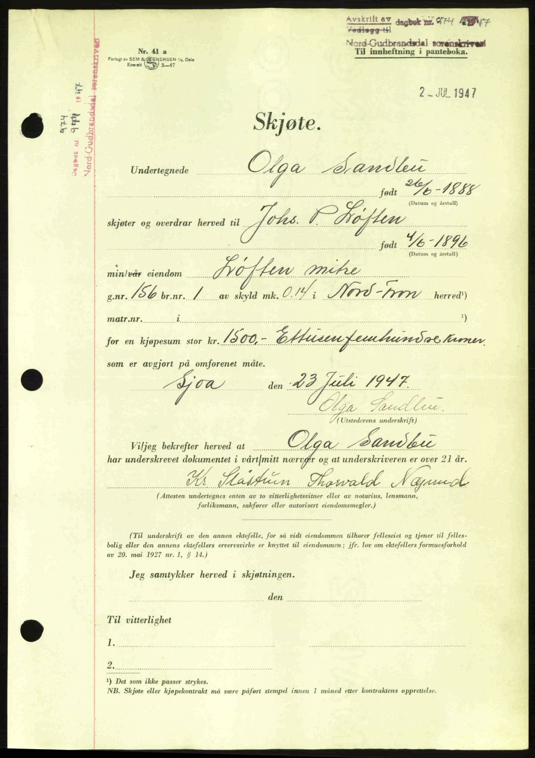 Nord-Gudbrandsdal tingrett, AV/SAH-TING-002/H/Hb/Hbb/L0017: Mortgage book no. FA17, 1947-1947, Diary no: : 974/1947