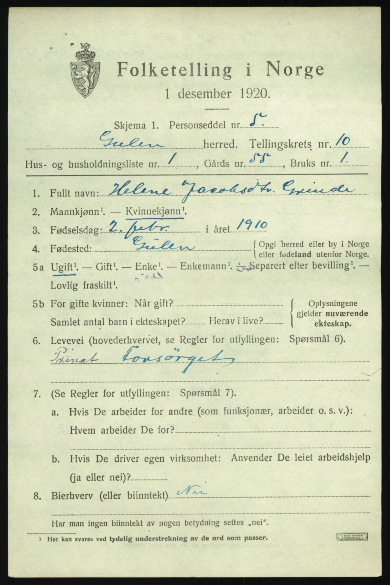 SAB, 1920 census for Gulen, 1920, p. 4559