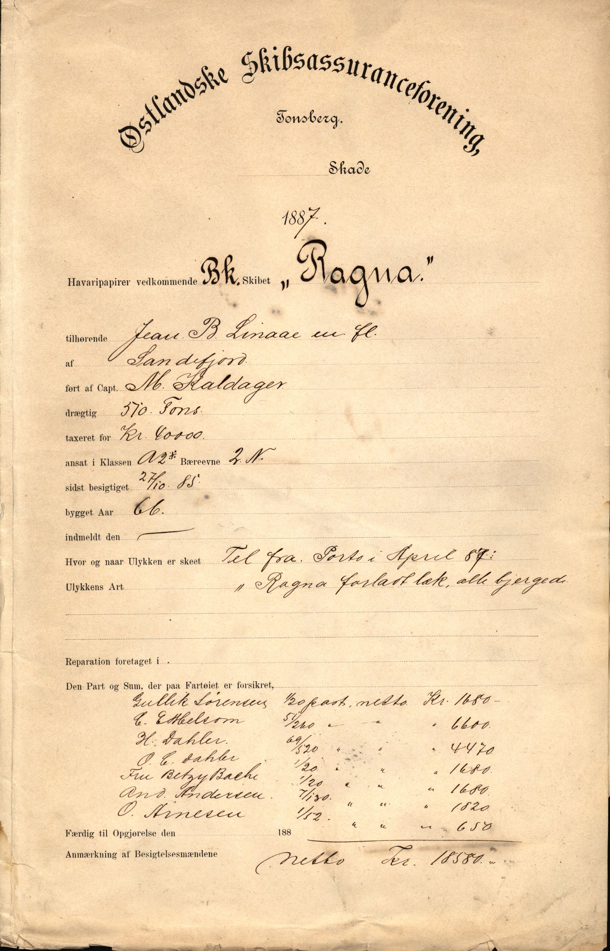 Pa 63 - Østlandske skibsassuranceforening, VEMU/A-1079/G/Ga/L0021/0002: Havaridokumenter / Isbaaden, Ragna, Sylphiden, Nyassa, 1887, p. 24