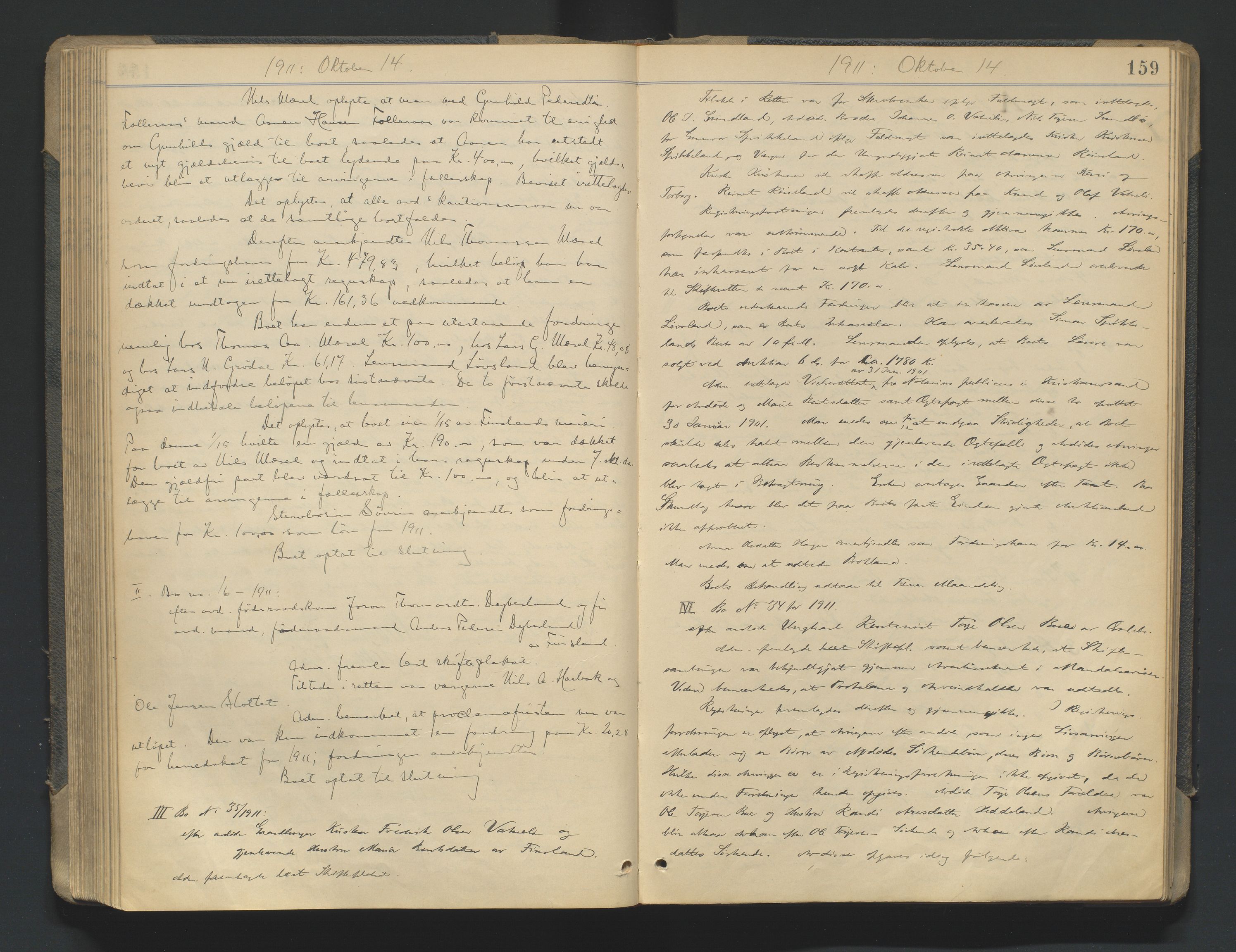 Mandal sorenskriveri, AV/SAK-1221-0005/001/H/Hc/L0081: Skifteforhandlingsprotokoll nr 13, 1909-1913, p. 159
