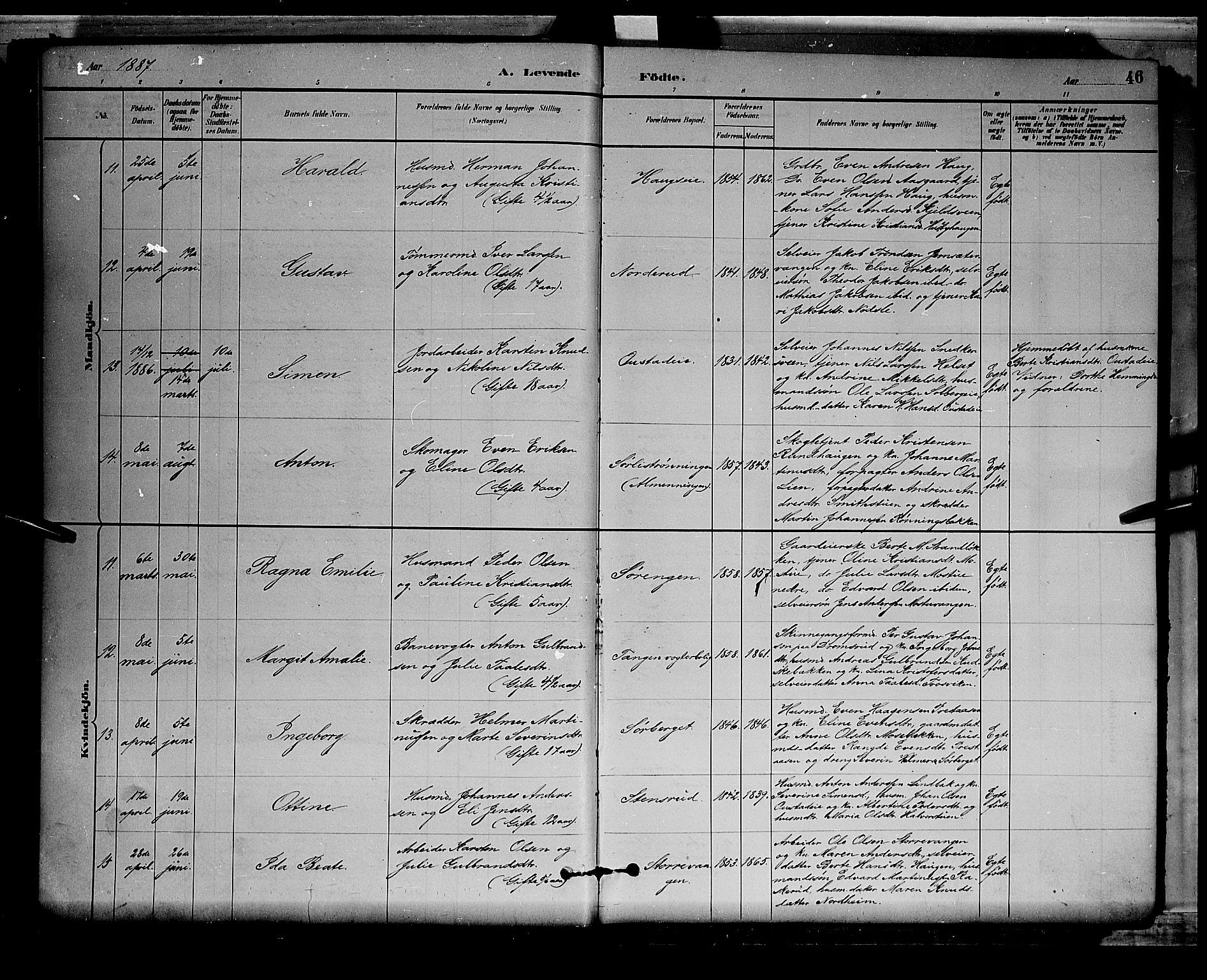 Stange prestekontor, AV/SAH-PREST-002/L/L0008: Parish register (copy) no. 8, 1882-1895, p. 46