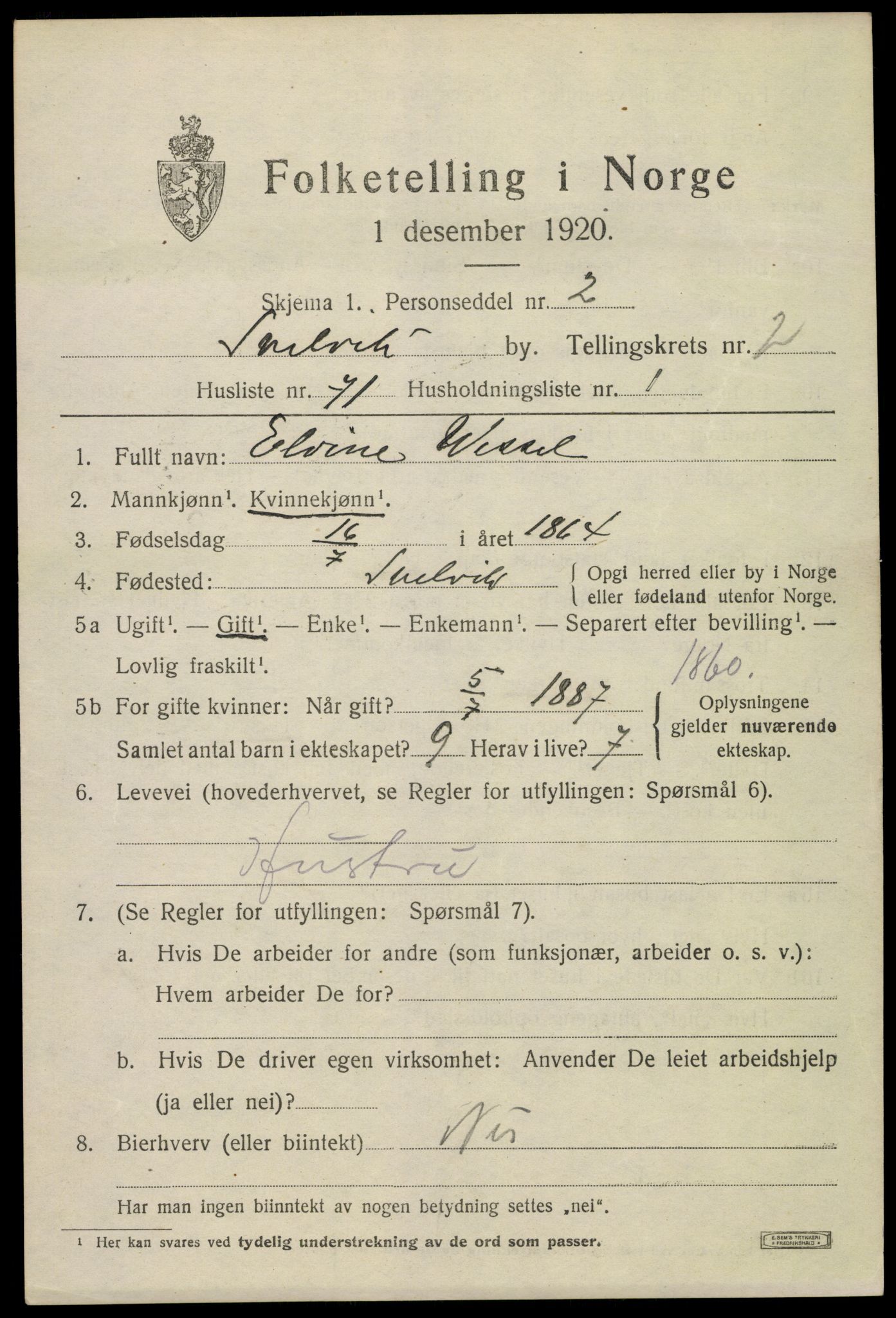 SAKO, 1920 census for Svelvik, 1920, p. 3131