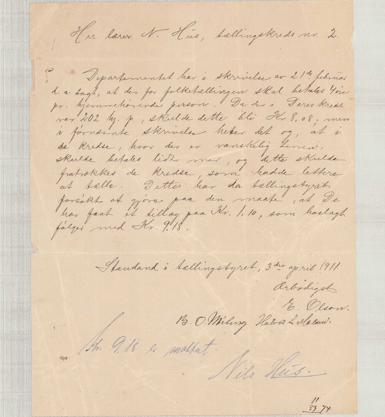 Finnaas kommune. Formannskapet, IKAH/1218a-021/D/Da/L0001/0011: Korrespondanse / saker / Kronologisk ordna korrespondanse , 1908-1912, p. 14