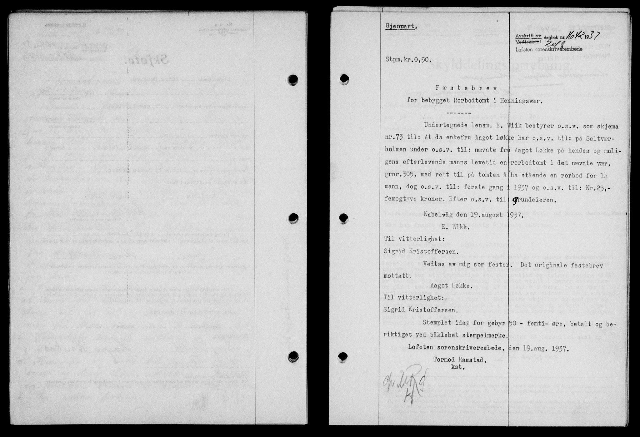 Lofoten sorenskriveri, SAT/A-0017/1/2/2C/L0002a: Mortgage book no. 2a, 1937-1937, Diary no: : 1642/1937