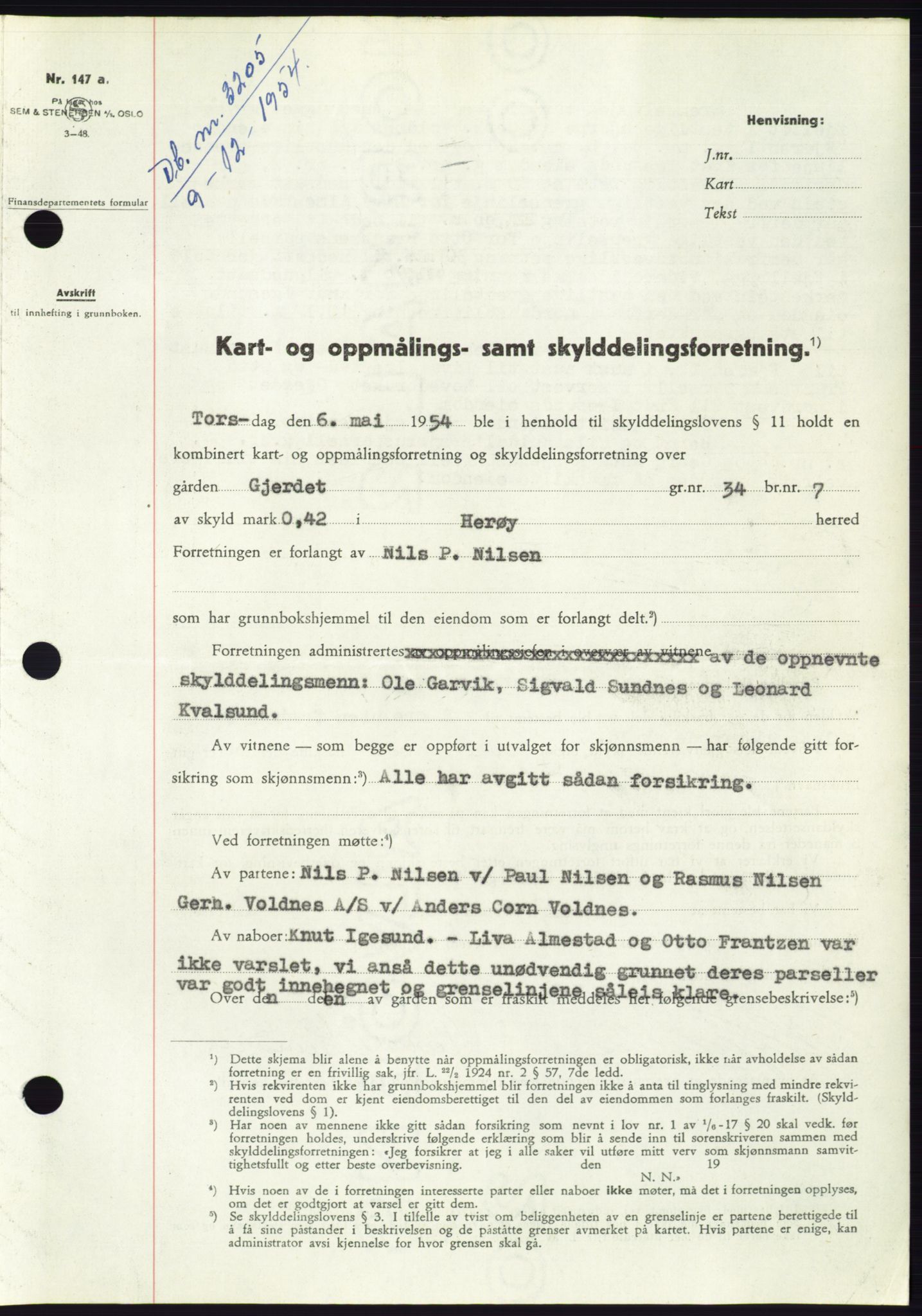 Søre Sunnmøre sorenskriveri, AV/SAT-A-4122/1/2/2C/L0099: Mortgage book no. 25A, 1954-1954, Diary no: : 3205/1954