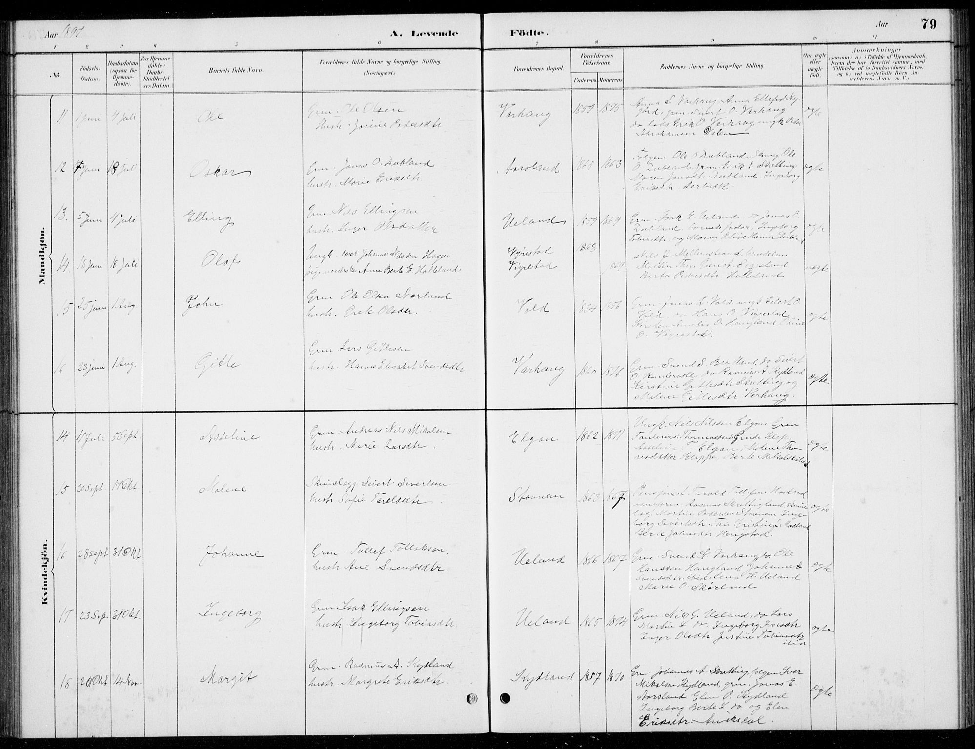 Hå sokneprestkontor, AV/SAST-A-101801/001/30BB/L0004: Parish register (copy) no. B 4, 1883-1899, p. 79