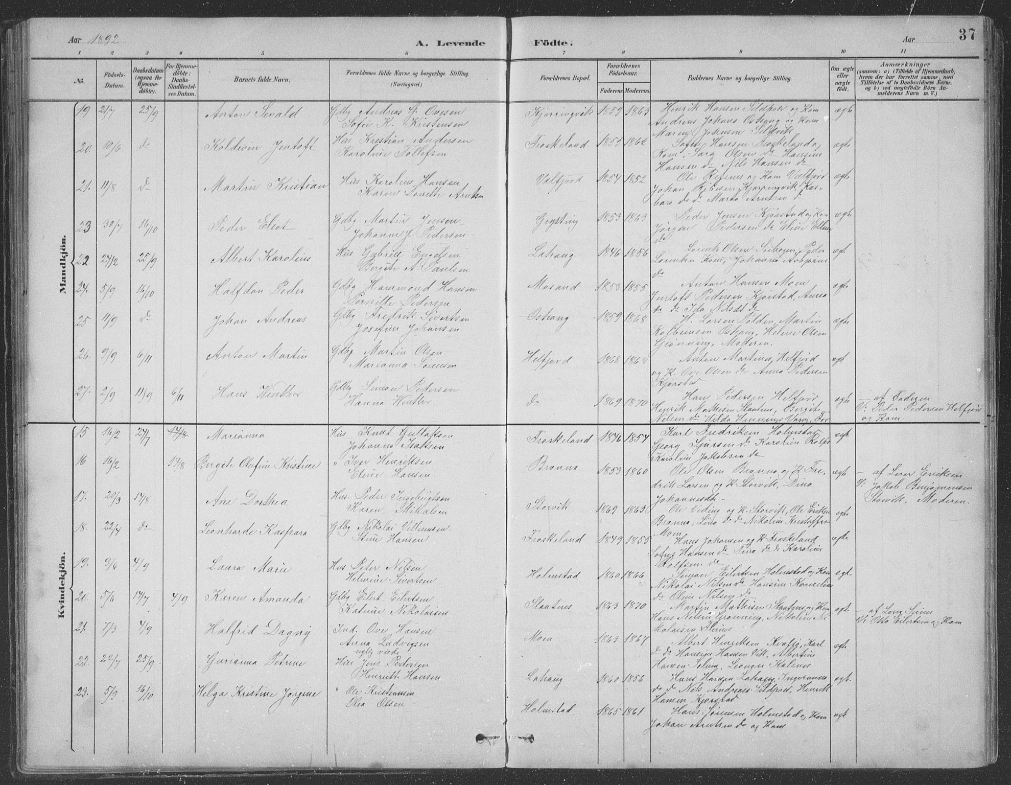 Ministerialprotokoller, klokkerbøker og fødselsregistre - Nordland, AV/SAT-A-1459/890/L1290: Parish register (copy) no. 890C01, 1882-1911, p. 37