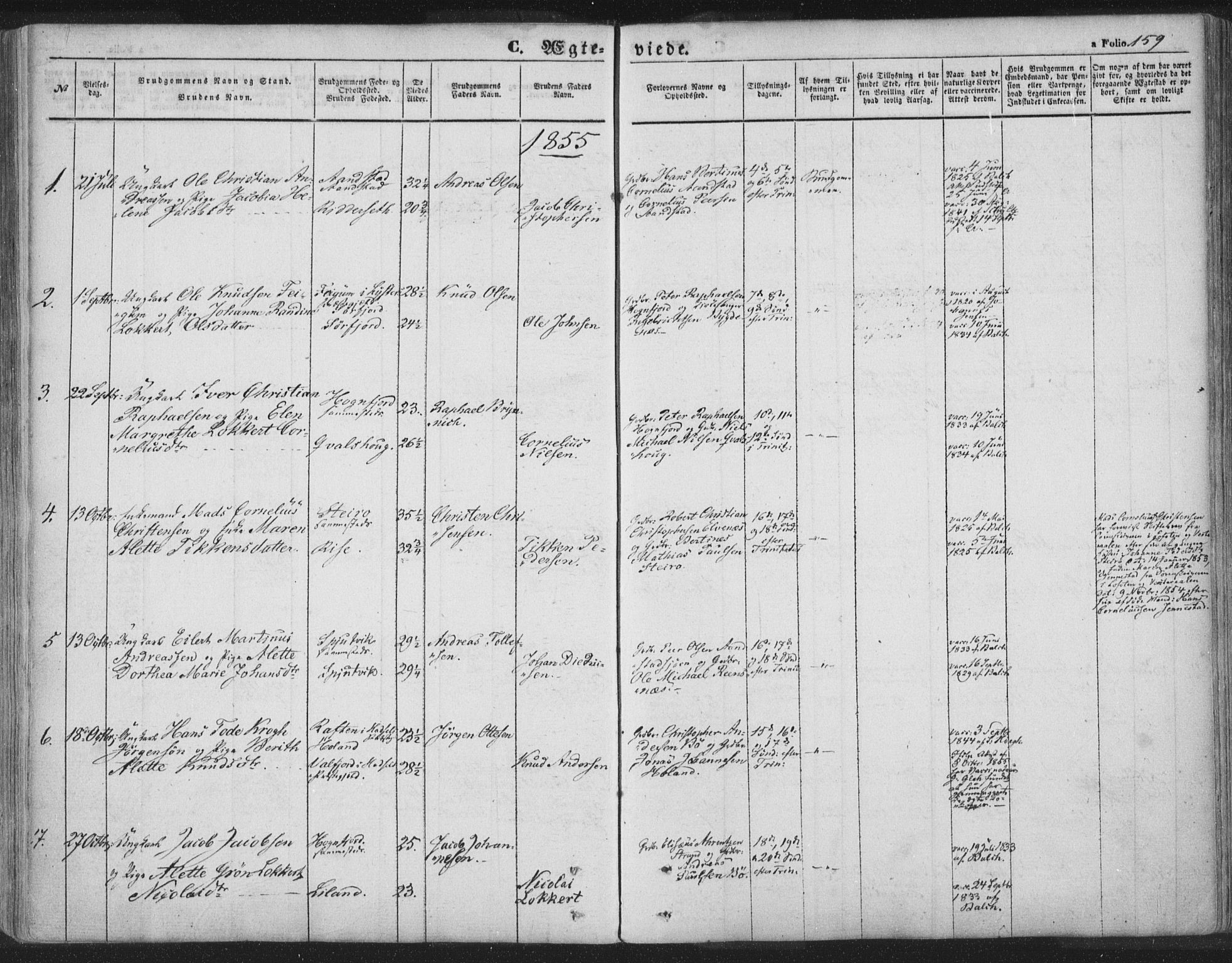 Ministerialprotokoller, klokkerbøker og fødselsregistre - Nordland, AV/SAT-A-1459/895/L1369: Parish register (official) no. 895A04, 1852-1872, p. 159