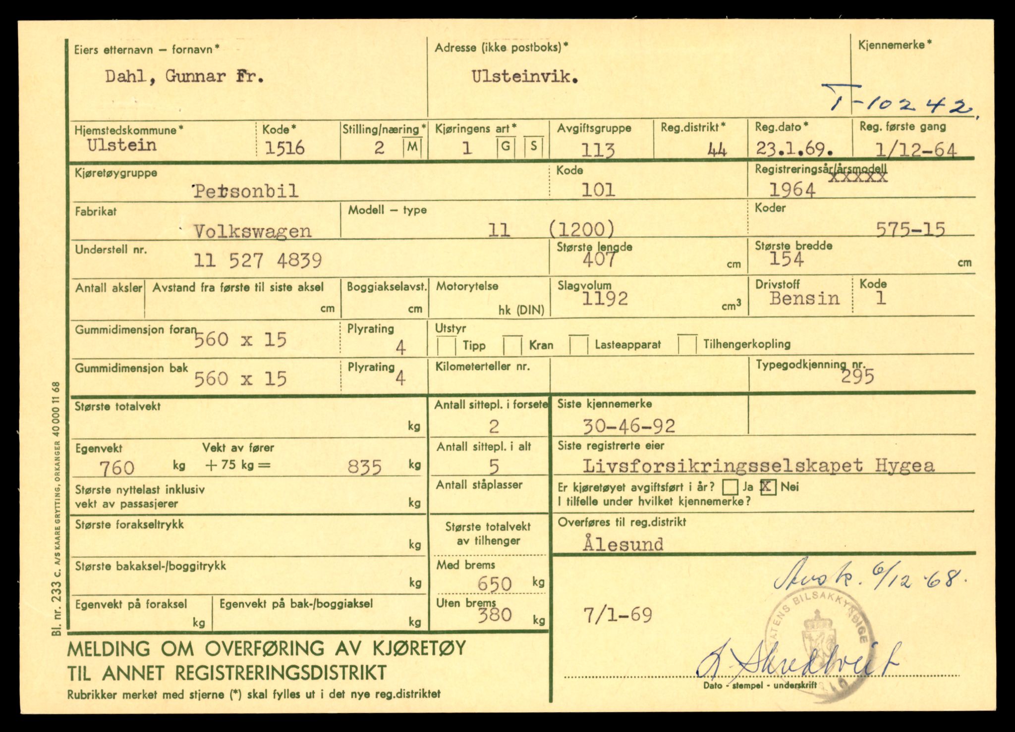 Møre og Romsdal vegkontor - Ålesund trafikkstasjon, AV/SAT-A-4099/F/Fe/L0019: Registreringskort for kjøretøy T 10228 - T 10350, 1927-1998, p. 309