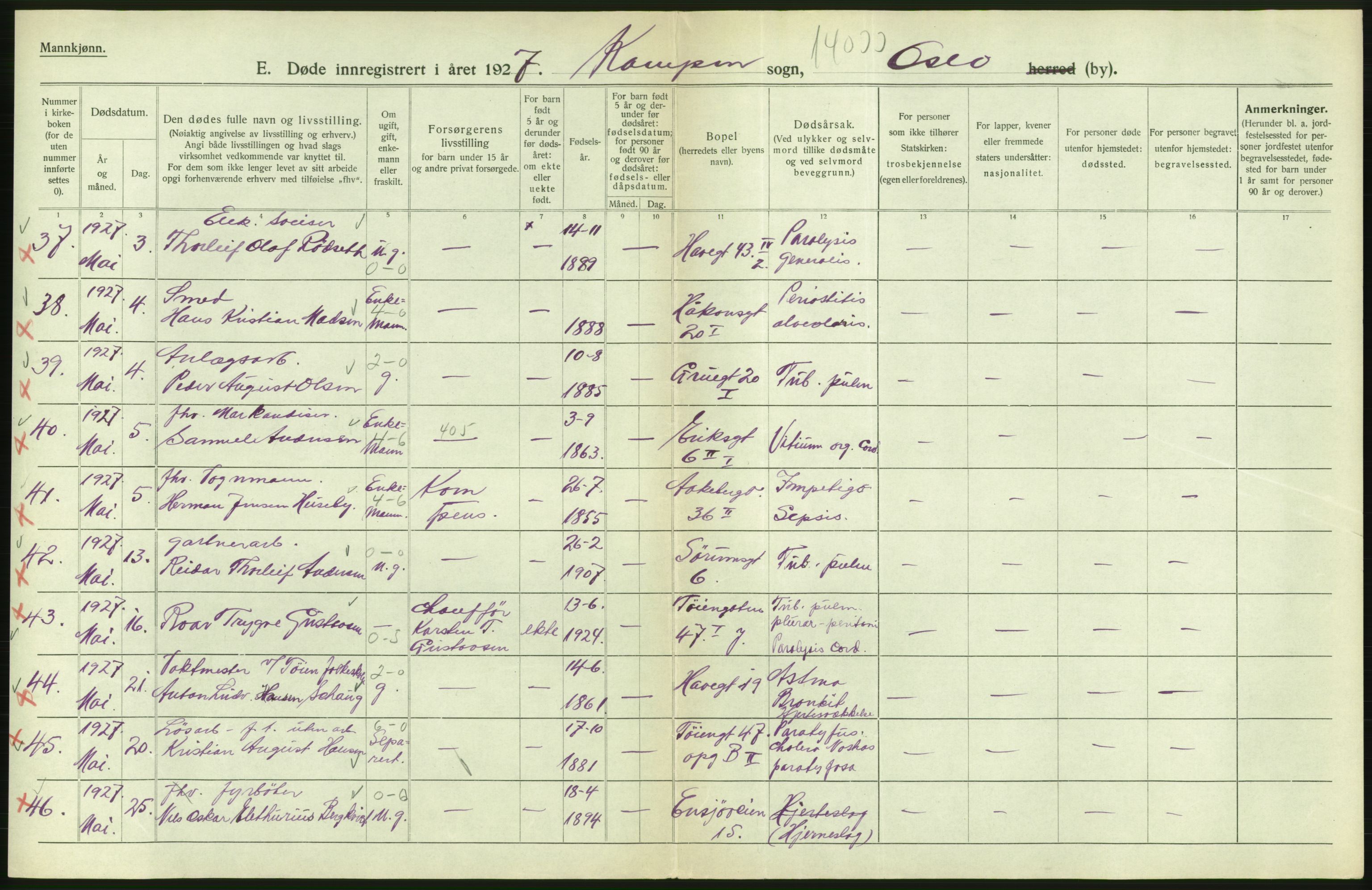 Statistisk sentralbyrå, Sosiodemografiske emner, Befolkning, AV/RA-S-2228/D/Df/Dfc/Dfcg/L0009: Oslo: Døde menn, 1927, p. 488