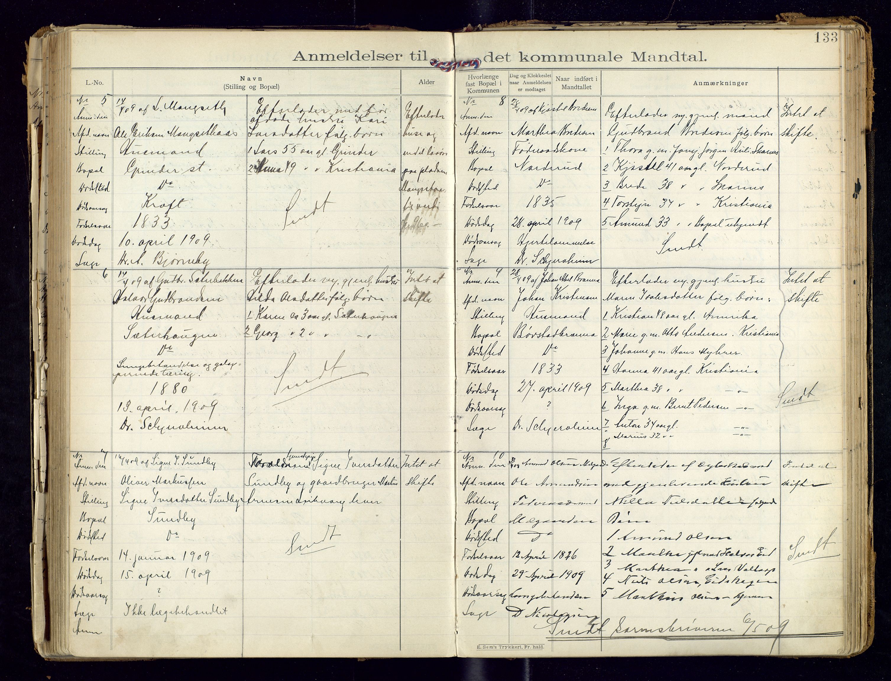 Sør-Odal lensmannskontor, SAH/LHS-022/H/Hb/L0001/0002: Protokoller over anmeldte dødsfall / Protokoll over anmeldte dødsfall, 1901-1913, p. 133