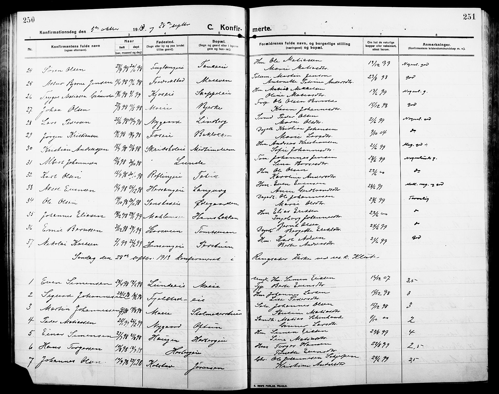 Ringsaker prestekontor, SAH/PREST-014/L/La/L0018: Parish register (copy) no. 18, 1913-1922, p. 250-251