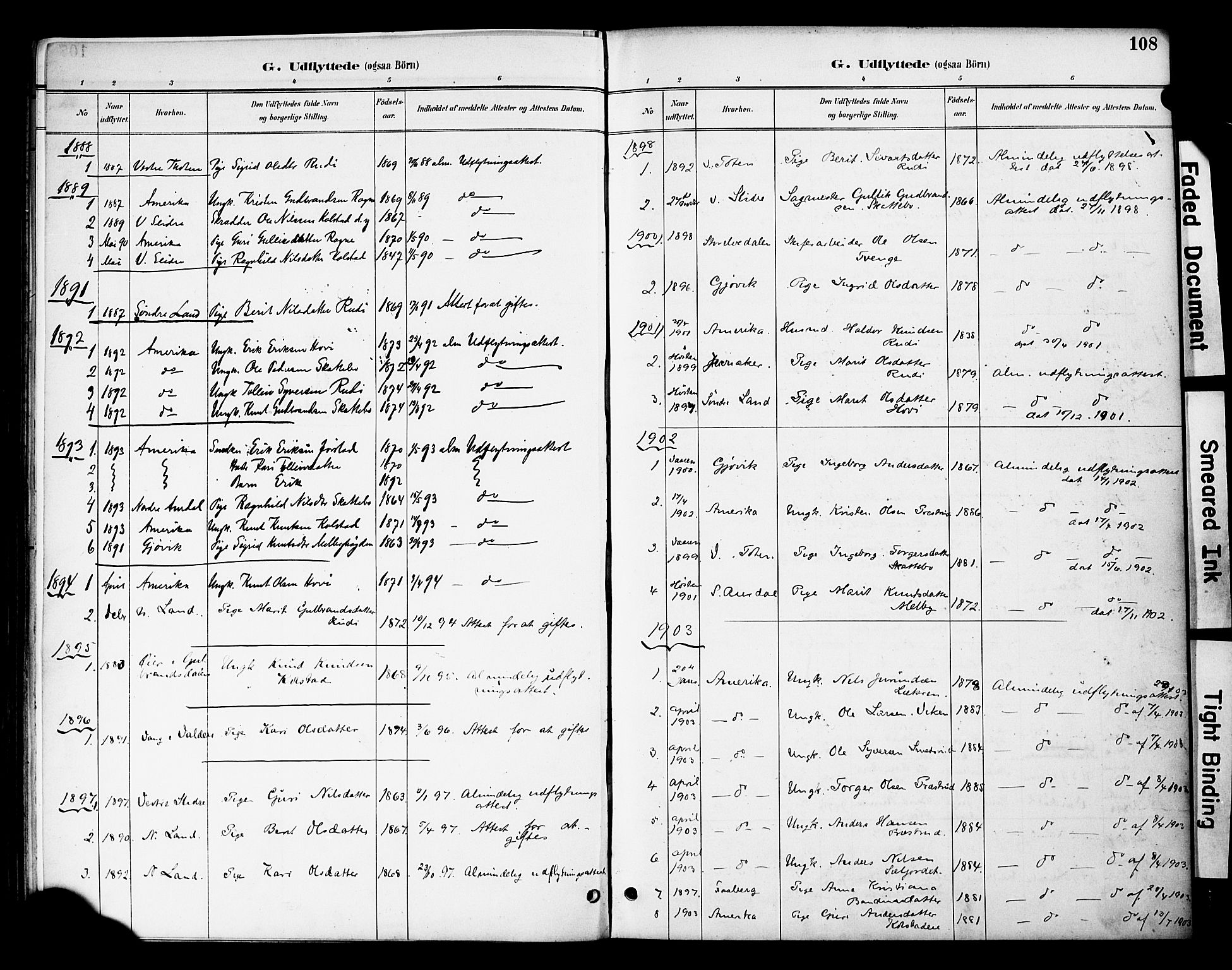 Øystre Slidre prestekontor, AV/SAH-PREST-138/H/Ha/Haa/L0003: Parish register (official) no. 3, 1887-1910, p. 108