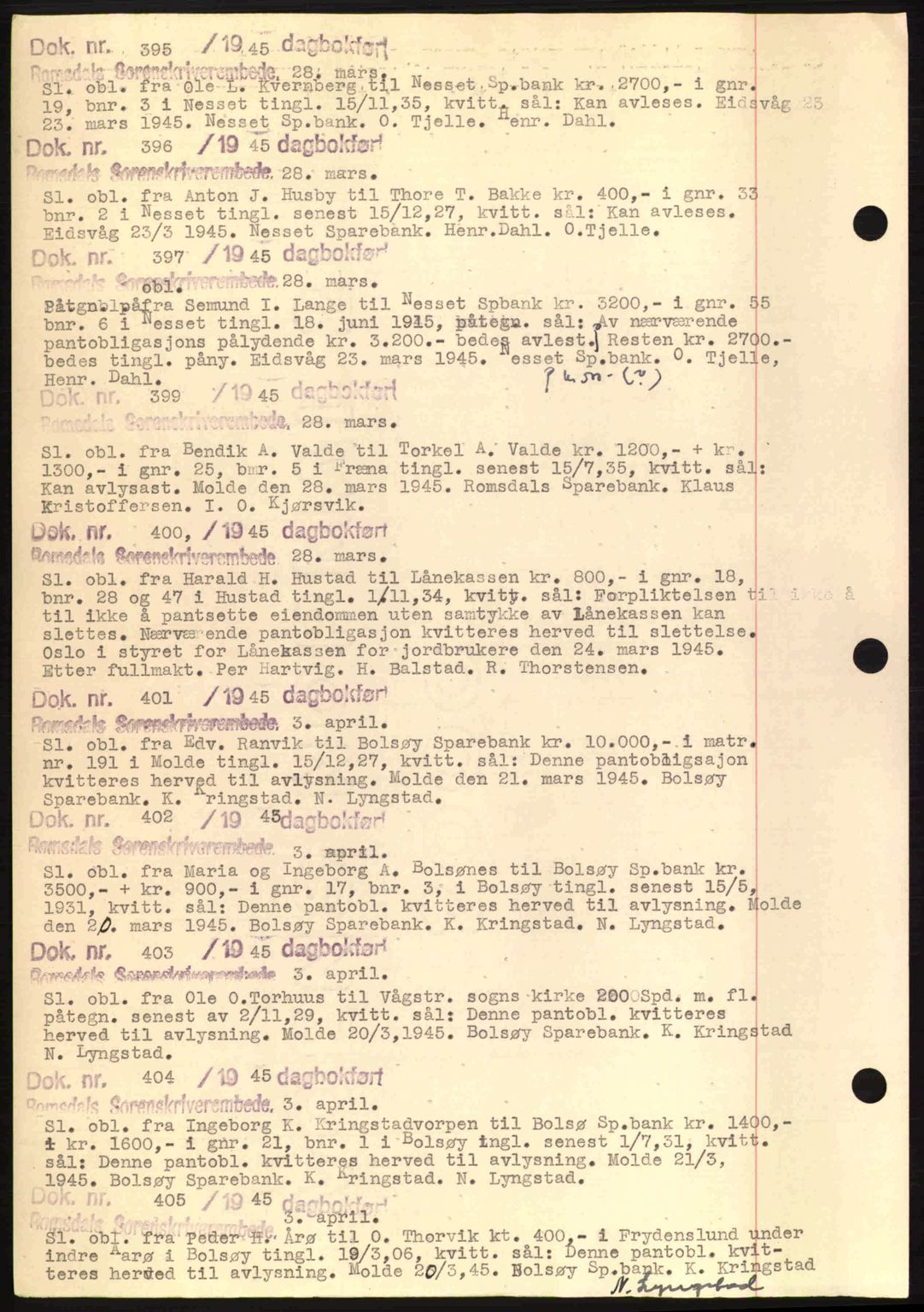 Romsdal sorenskriveri, AV/SAT-A-4149/1/2/2C: Mortgage book no. C1a, 1936-1945, Diary no: : 395/1945