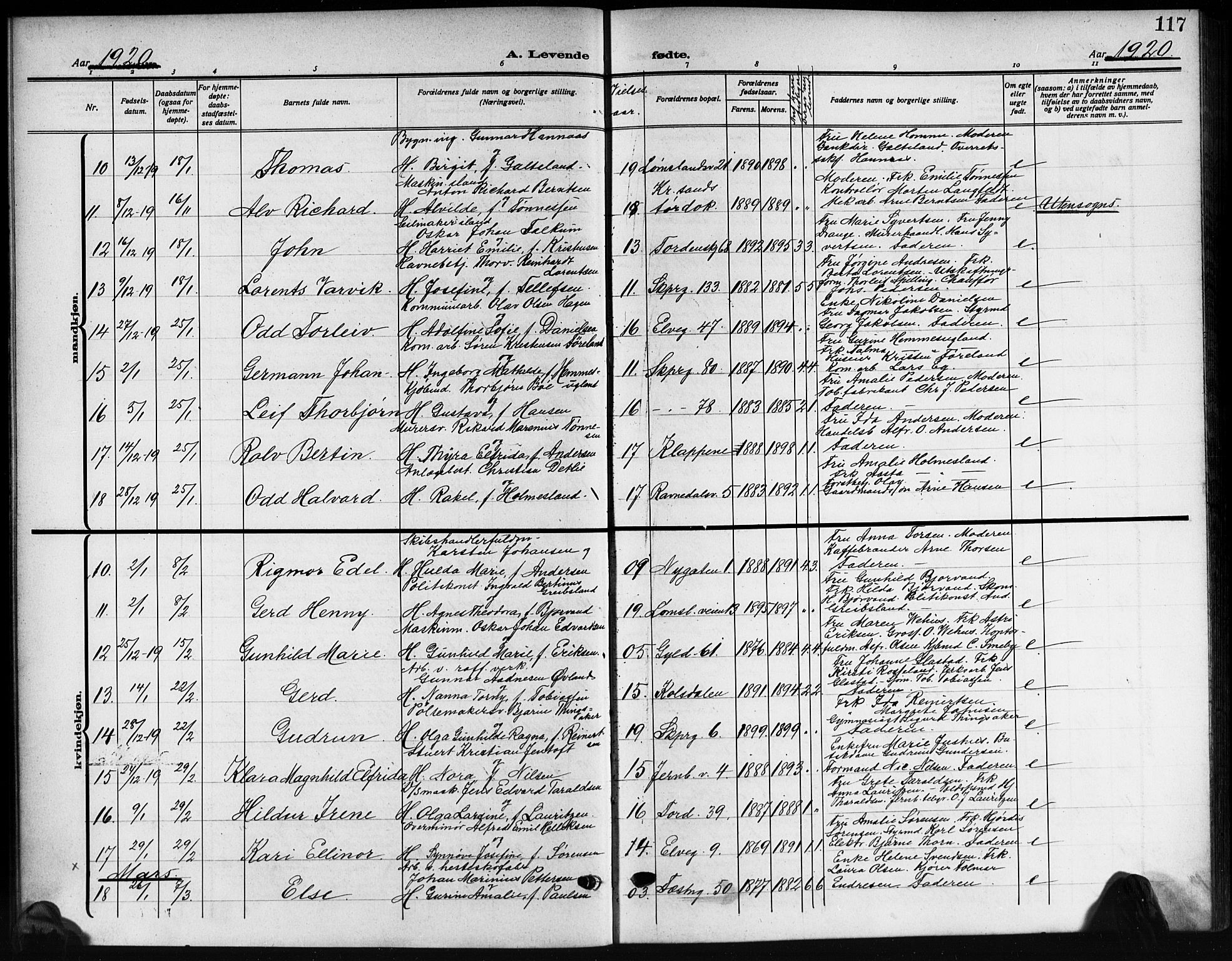 Kristiansand domprosti, SAK/1112-0006/F/Fb/L0021: Parish register (copy) no. B 21, 1914-1923, p. 117