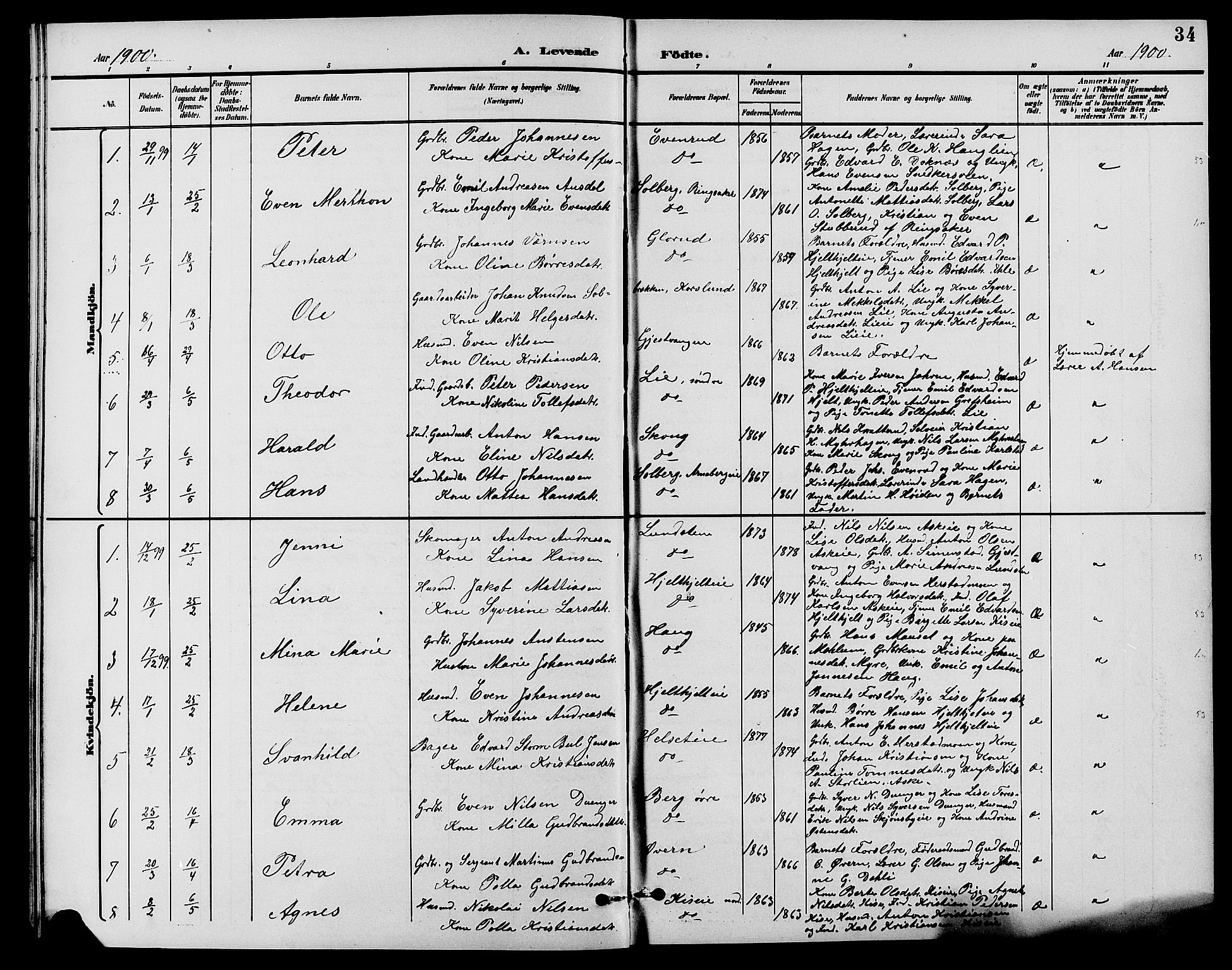 Nes prestekontor, Hedmark, AV/SAH-PREST-020/L/La/L0007: Parish register (copy) no. 7, 1892-1912, p. 34