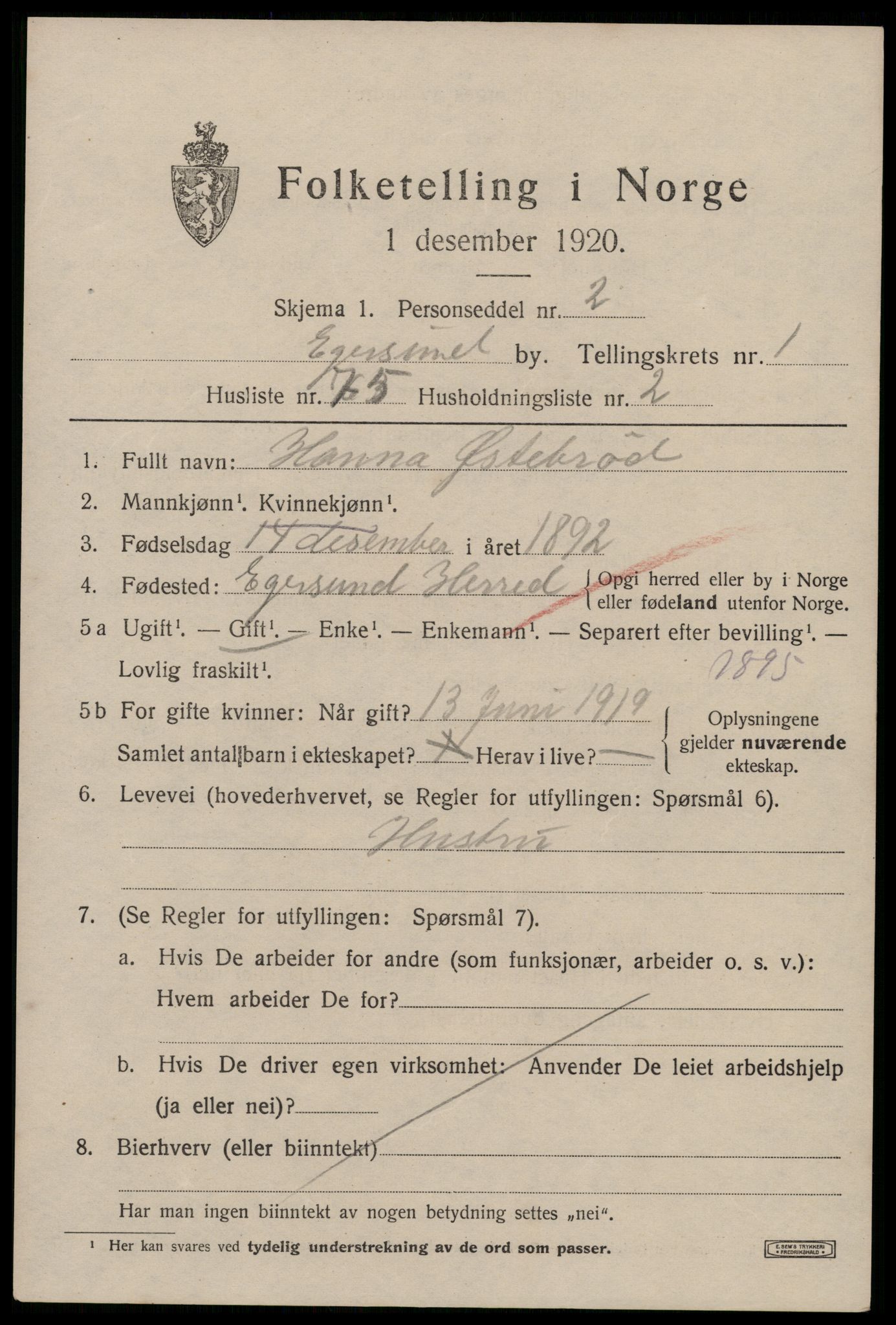 SAST, 1920 census for Egersund town, 1920, p. 3770