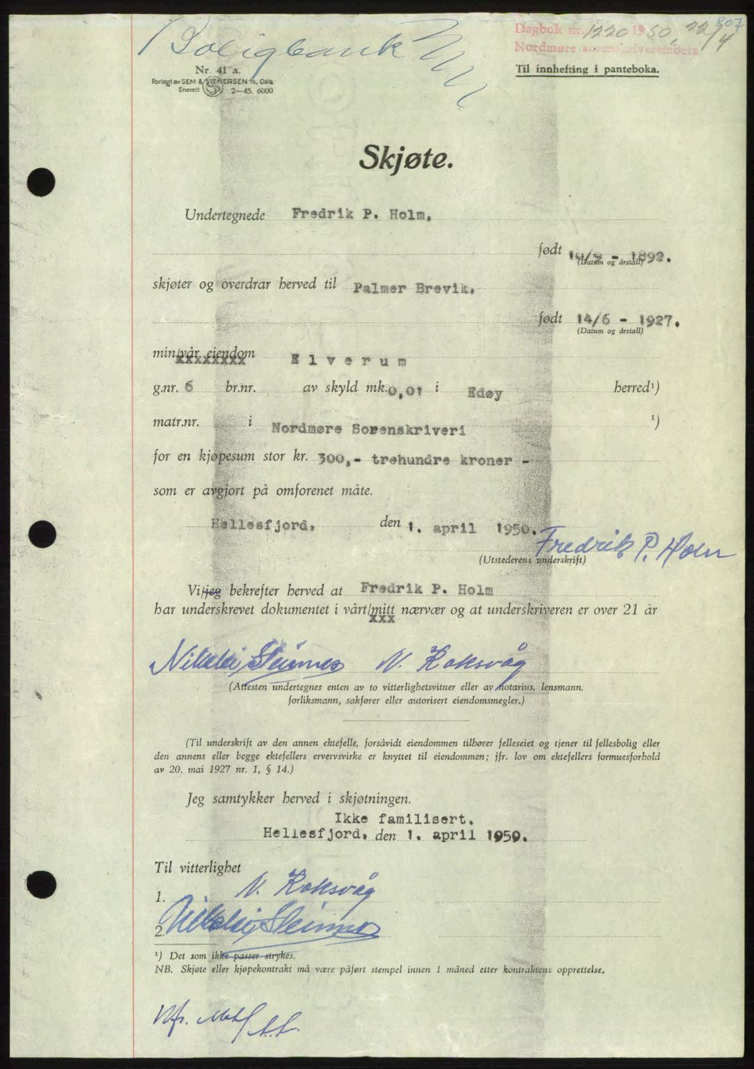 Nordmøre sorenskriveri, AV/SAT-A-4132/1/2/2Ca: Mortgage book no. A114, 1950-1950, Diary no: : 1220/1950