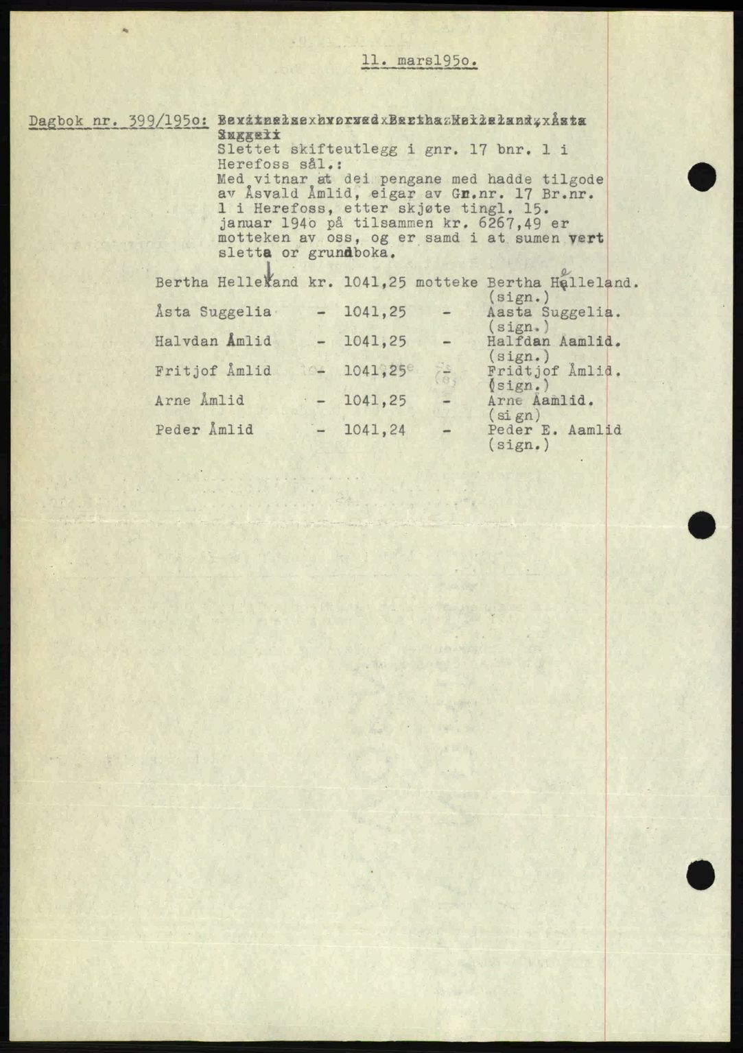Nedenes sorenskriveri, AV/SAK-1221-0006/G/Gb/Gba/L0062: Mortgage book no. A14, 1949-1950, Diary no: : 399/1950