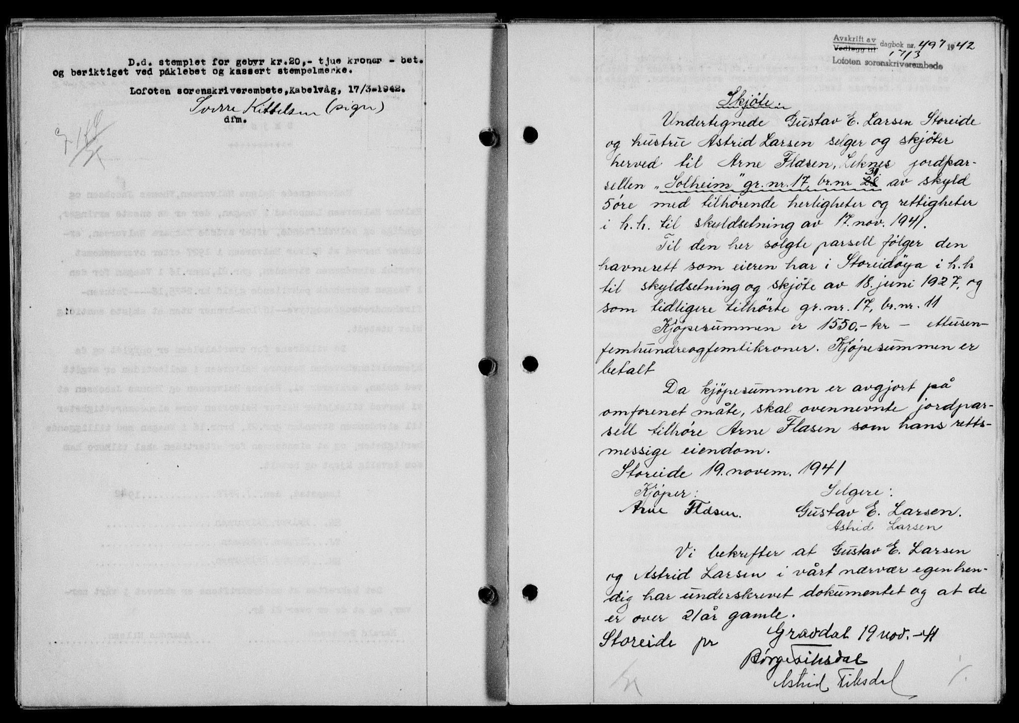 Lofoten sorenskriveri, SAT/A-0017/1/2/2C/L0009a: Mortgage book no. 9a, 1941-1942, Diary no: : 497/1942